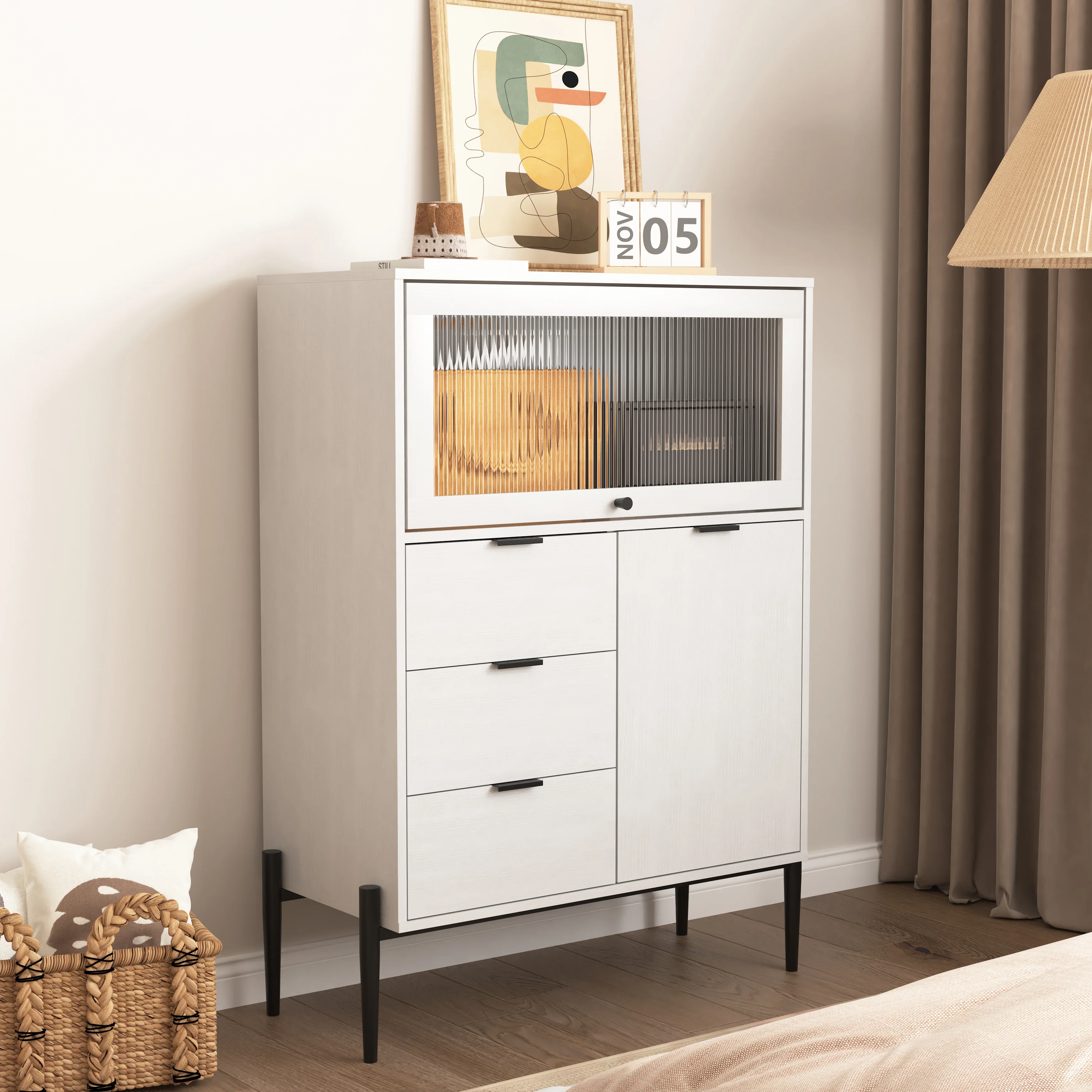Sideboard with 3 Drawers 1 Glass Door Storage 85x40x120cm - Wooden - Image 6