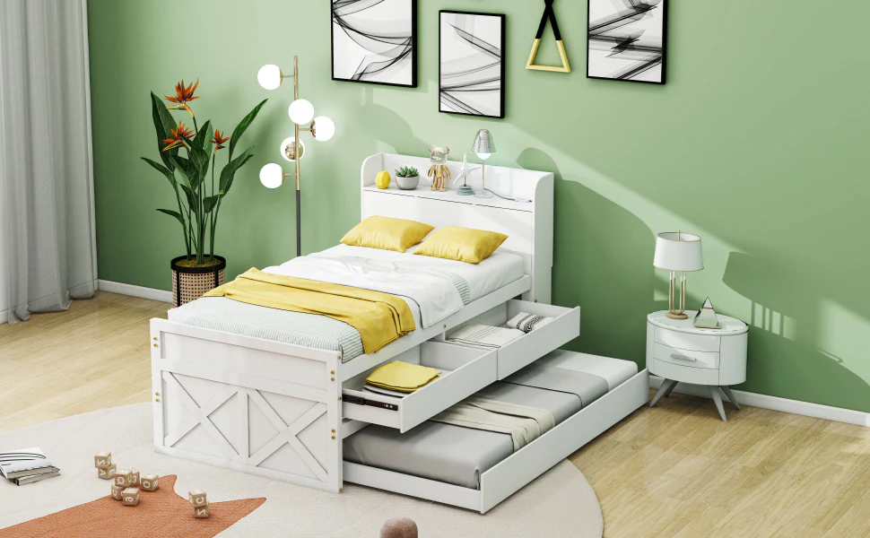 Single Bed 90x190cm Multifunctional Pull-out Drawer Bedside Table USB - Solid Pine Wood White - Image 8