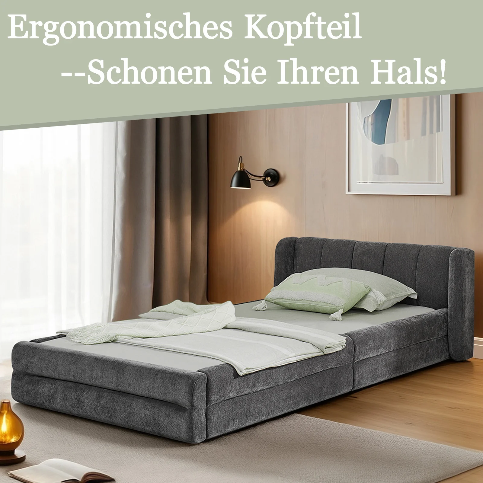 Single Bed 90x200cm Comfortable Backrest - Dark Grey Chenille - Image 2