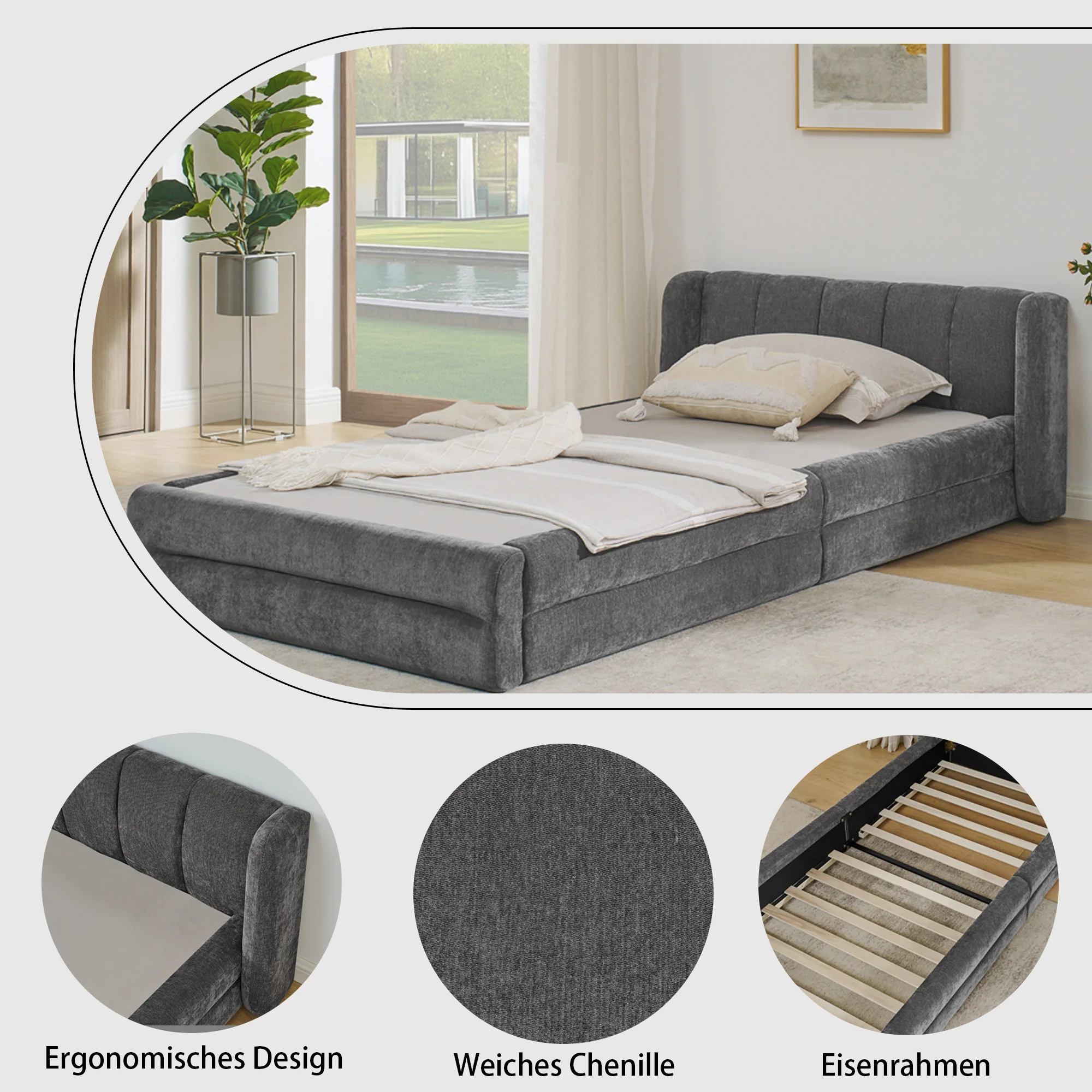 Single Bed 90x200cm Comfortable Backrest - Dark Grey Chenille - Image 3