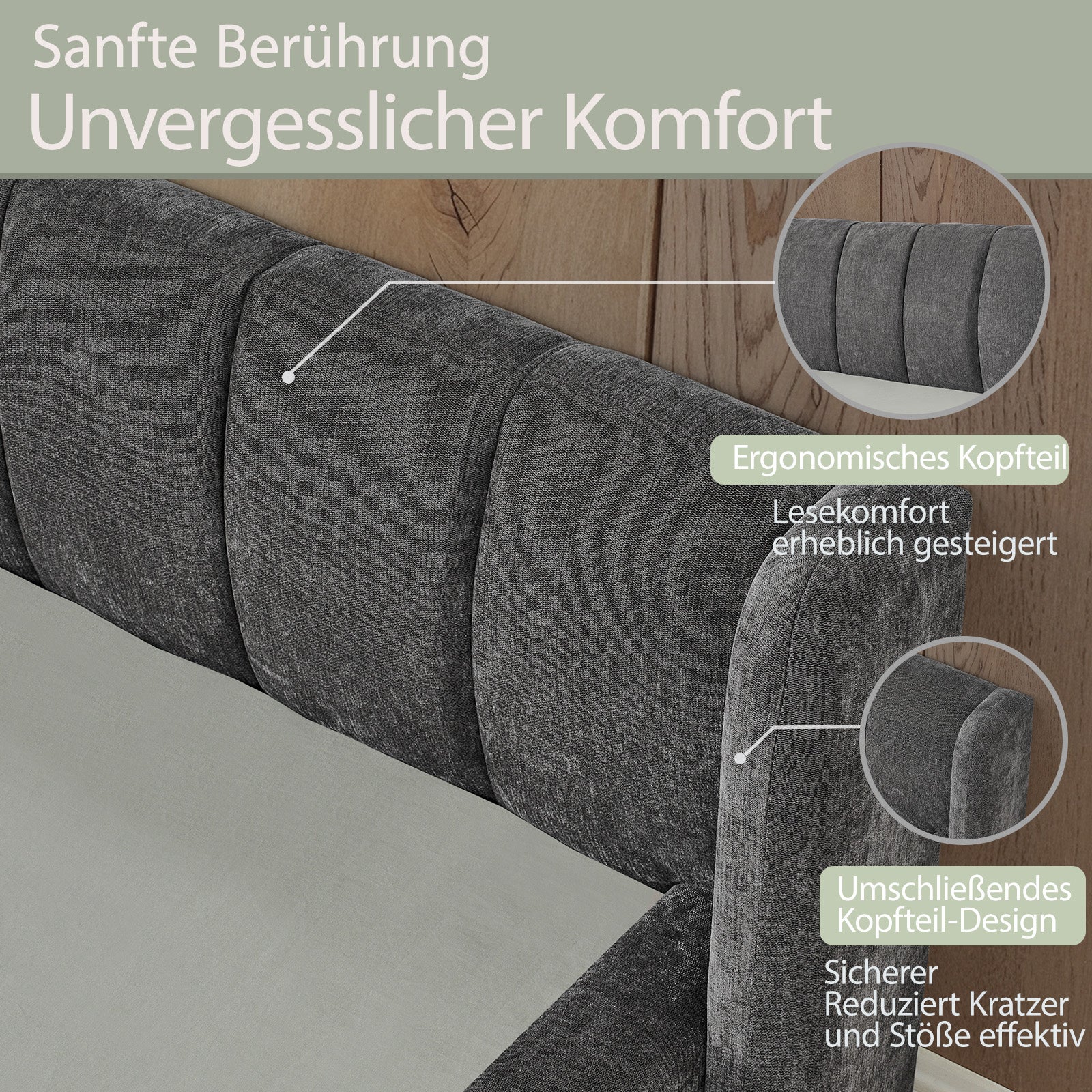 Single Bed 90x200cm Comfortable Backrest - Dark Grey Chenille - Image 4