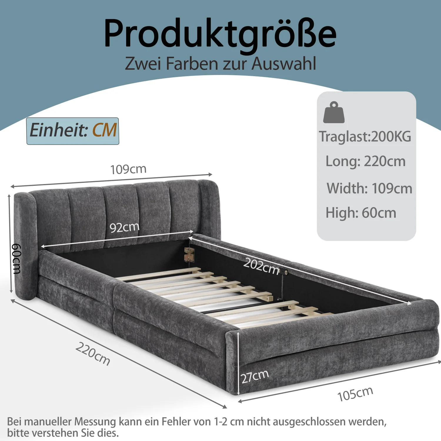 Single Bed 90x200cm Comfortable Backrest - Dark Grey Chenille - Image 7