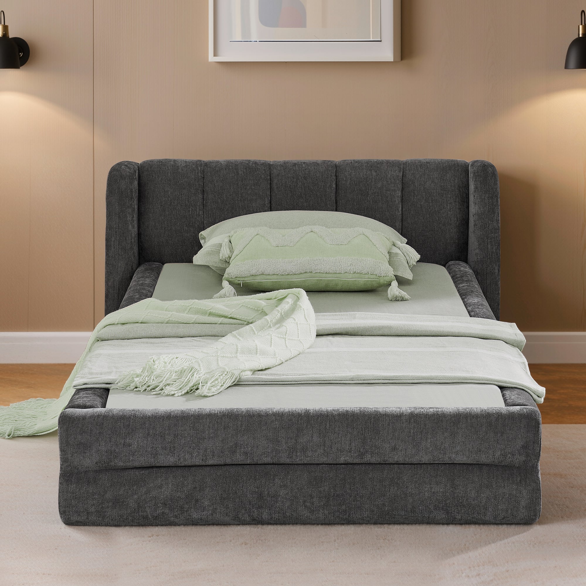 Single Bed 90x200cm Comfortable Backrest - Dark Grey Chenille - Image 8