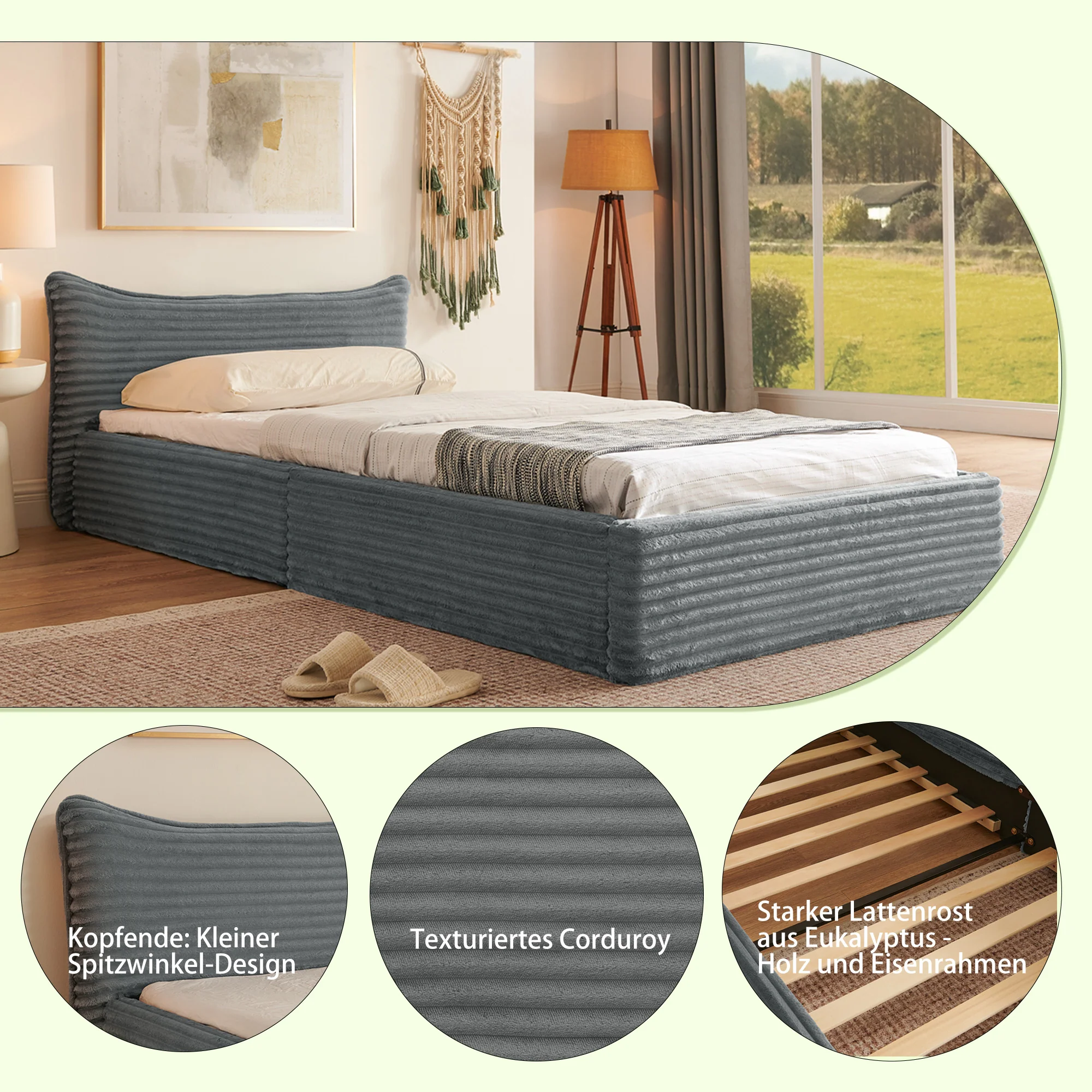 Single Bed 90x200cm Corduroy Cover Wood/Iron Frame - Dark Grey - Image 2