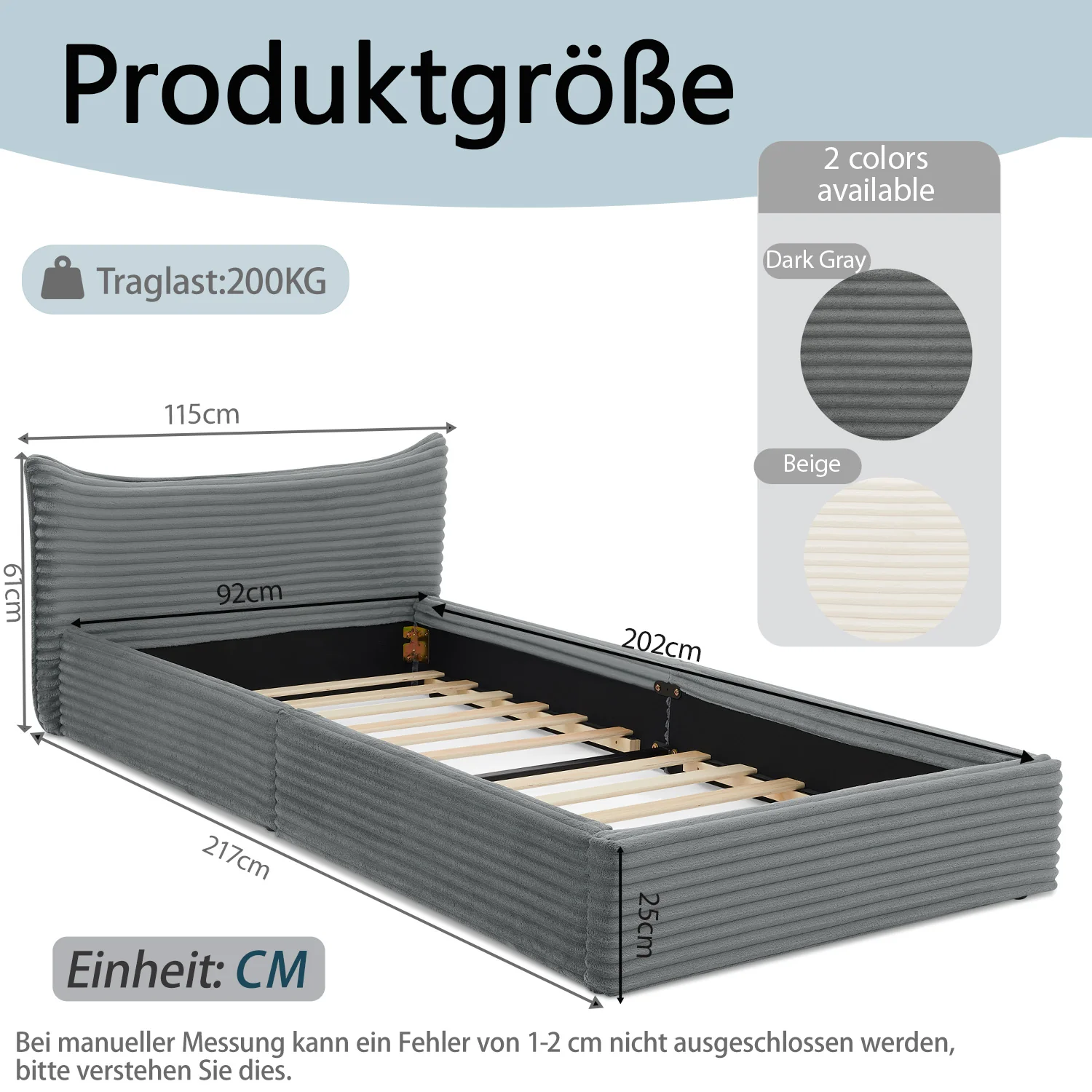 Single Bed 90x200cm Corduroy Cover Wood/Iron Frame - Dark Grey - Image 3