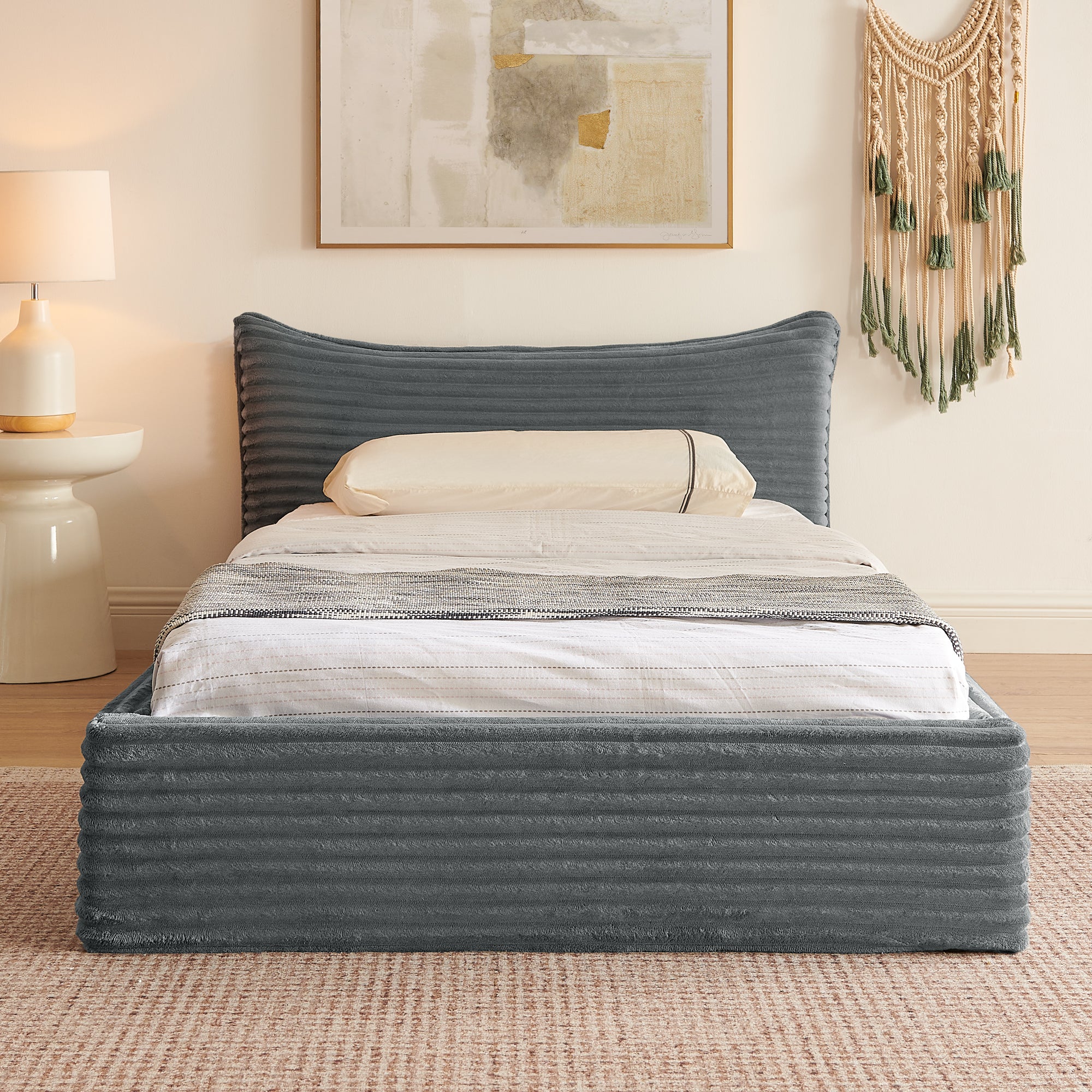 Single Bed 90x200cm Corduroy Cover Wood/Iron Frame - Dark Grey - Image 4