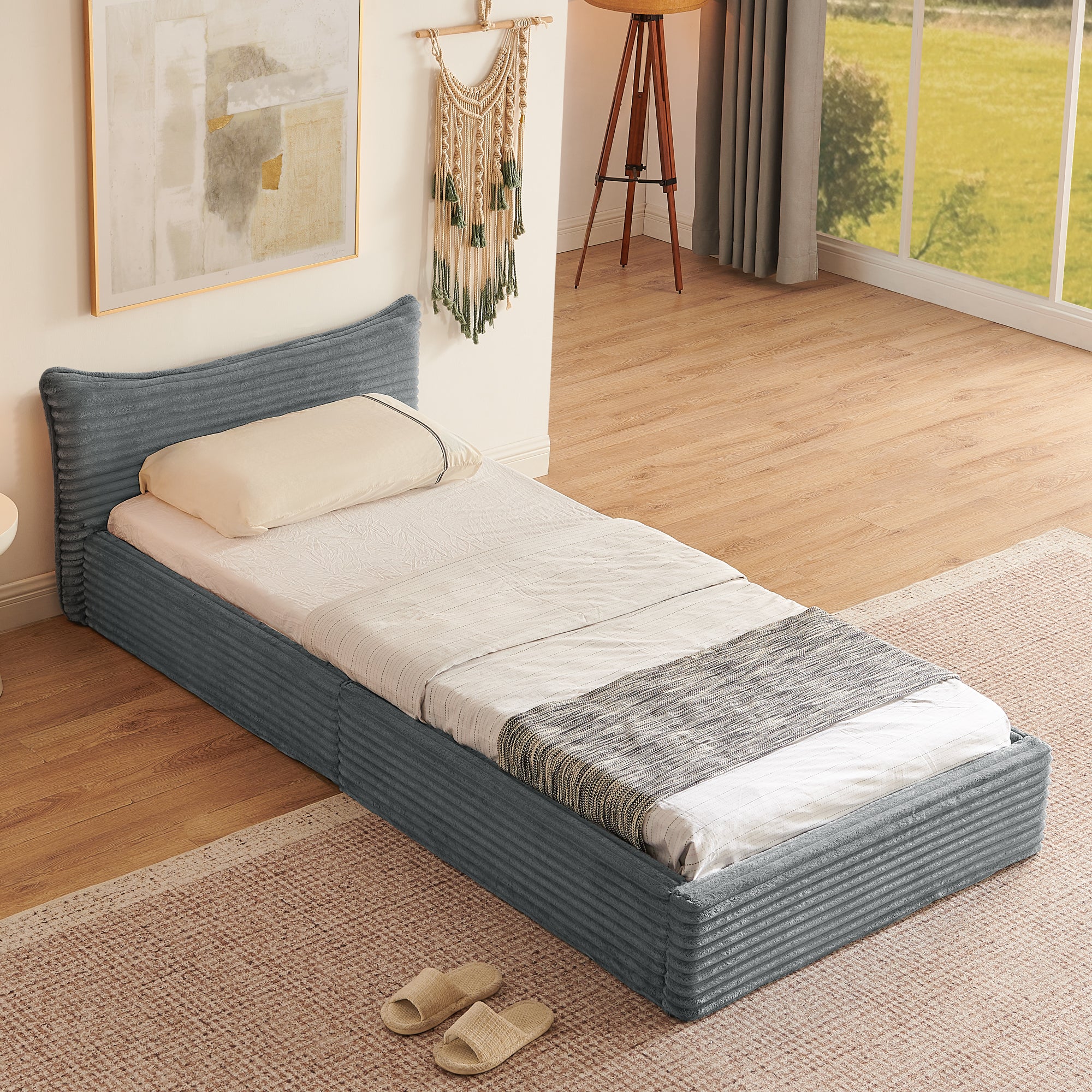 Single Bed 90x200cm Corduroy Cover Wood/Iron Frame - Dark Grey - Image 5