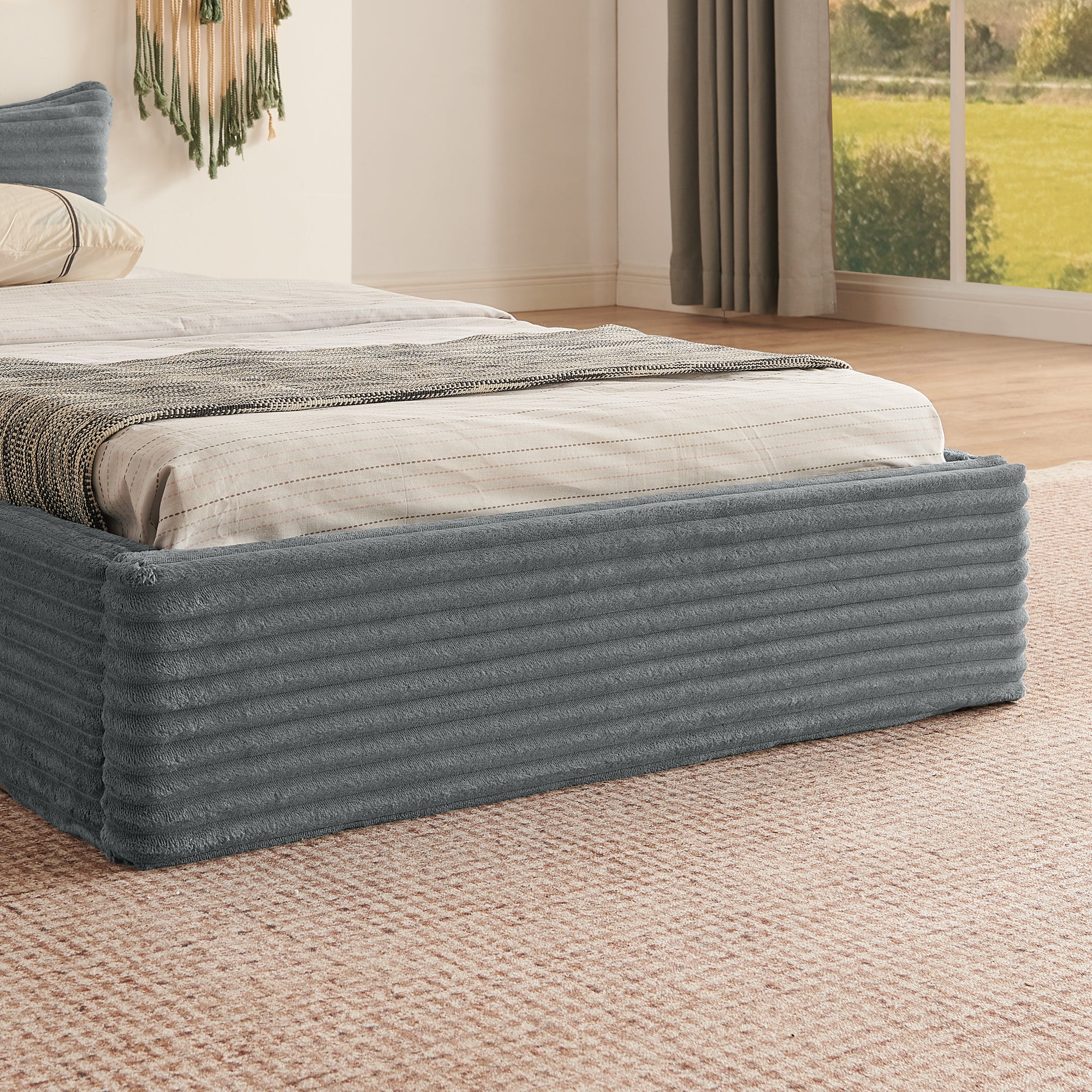 Single Bed 90x200cm Corduroy Cover Wood/Iron Frame - Dark Grey - Image 6