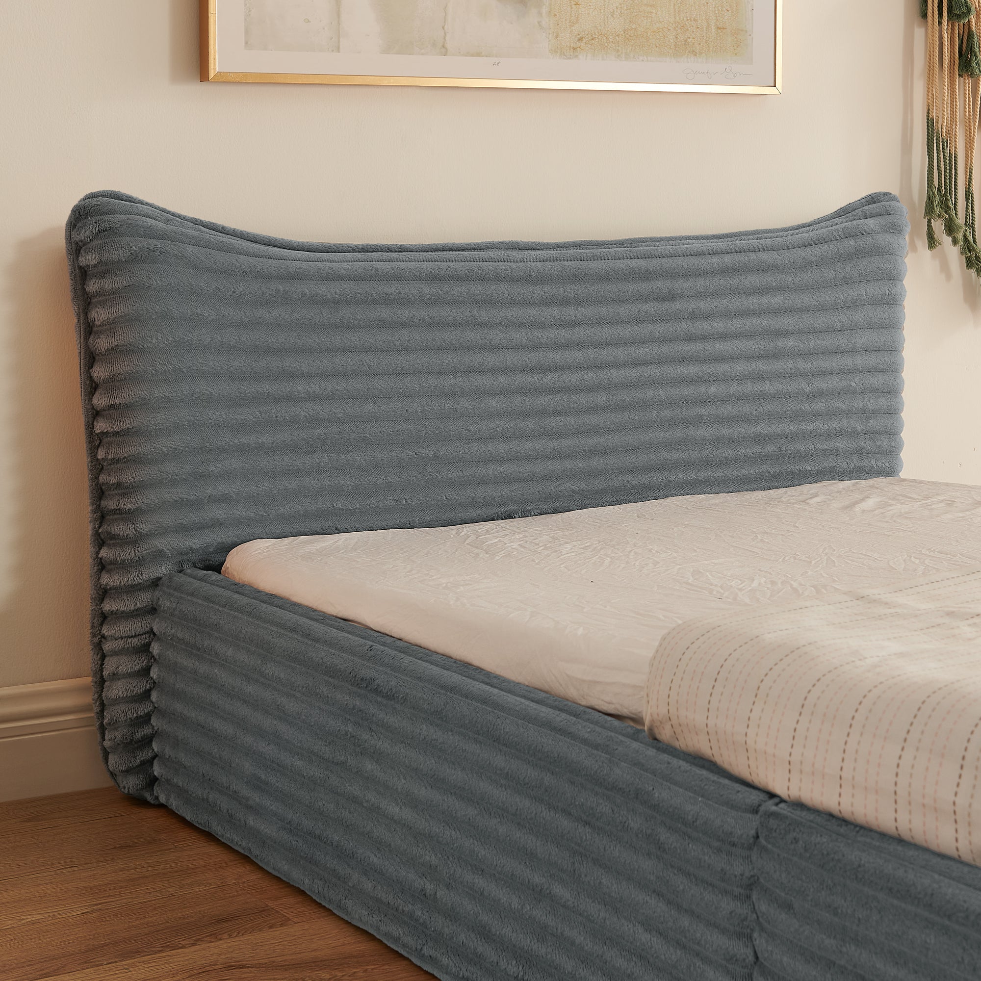 Single Bed 90x200cm Corduroy Cover Wood/Iron Frame - Dark Grey - Image 7
