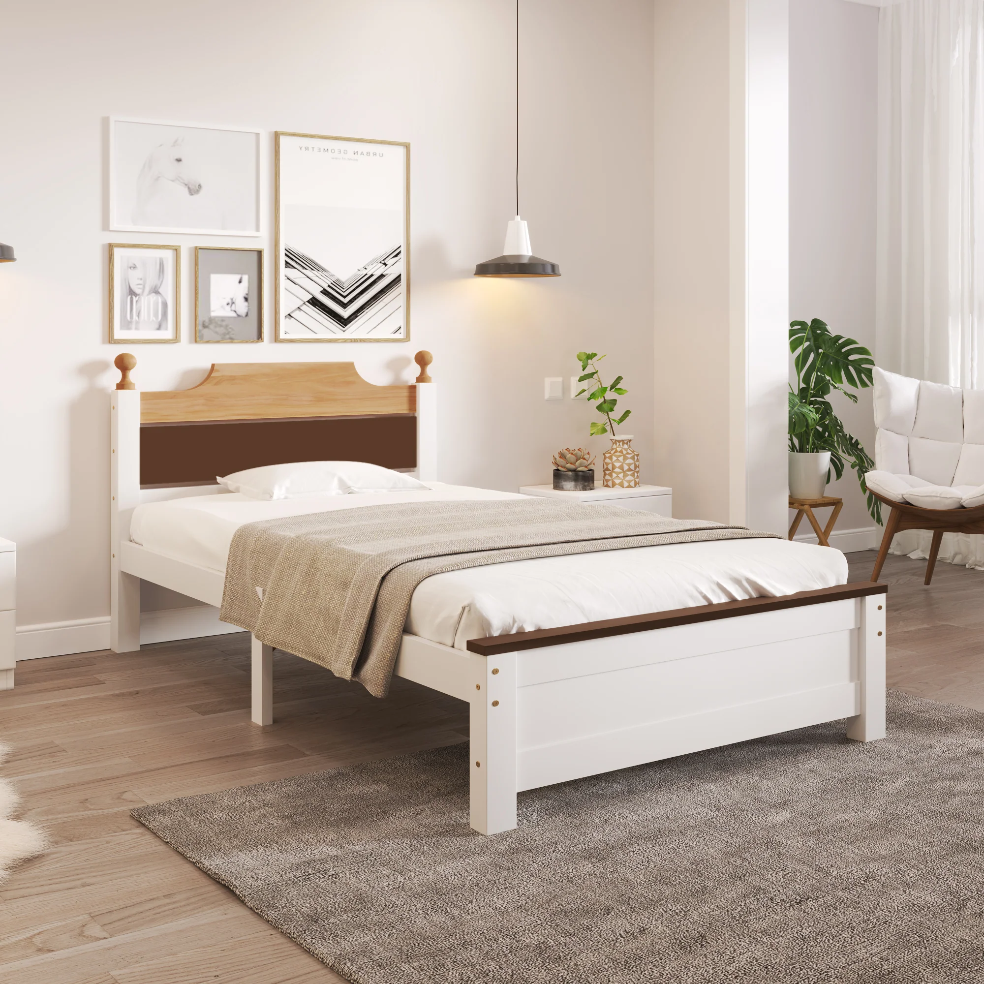 Single Bed Wooden Pine Wood Frame with MDF Head/Footboard 90x200 cm, White - Image 3