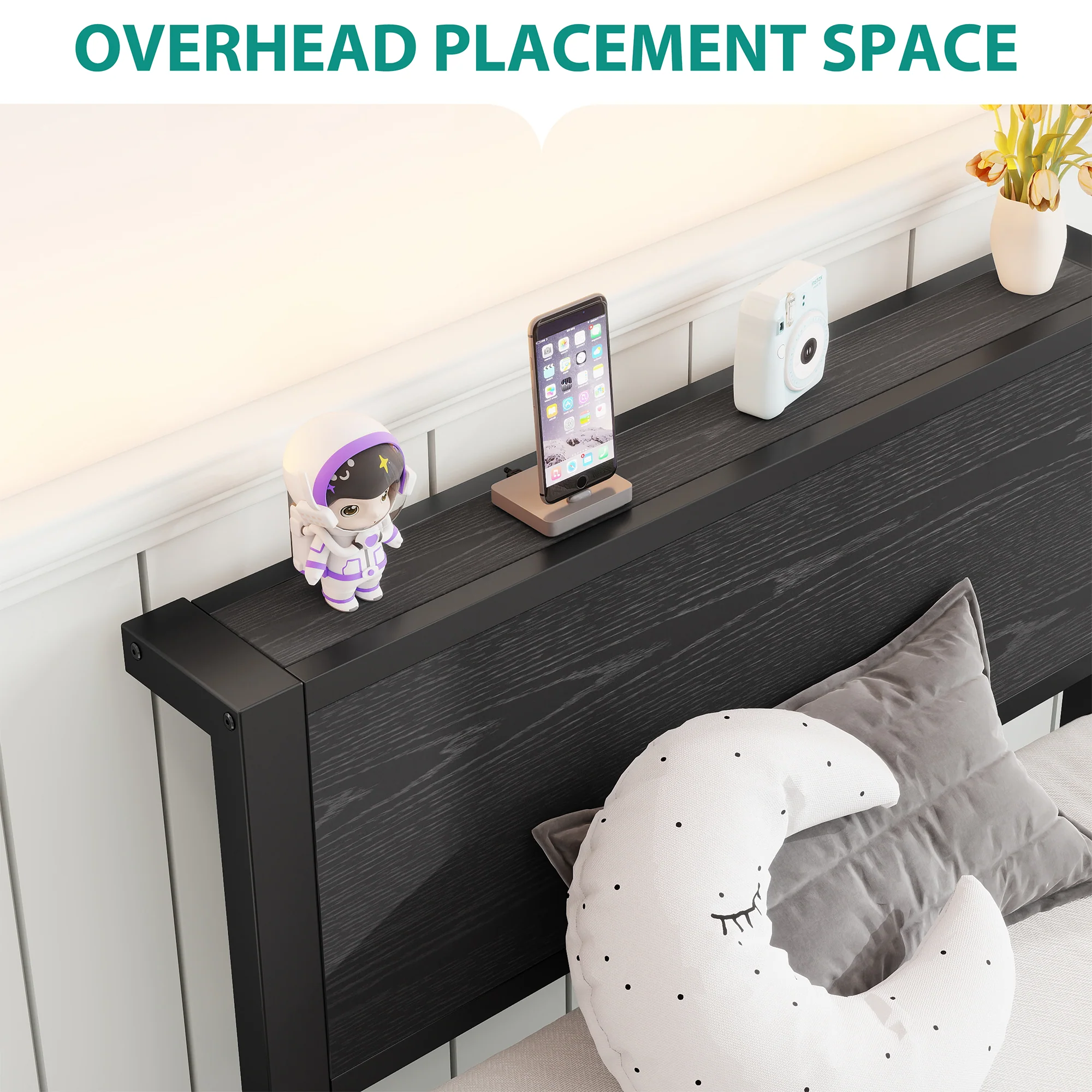 Single Metal Bed Frame 90x200cm, Storage Headboard, Noiseless Platform - Black - Image 3