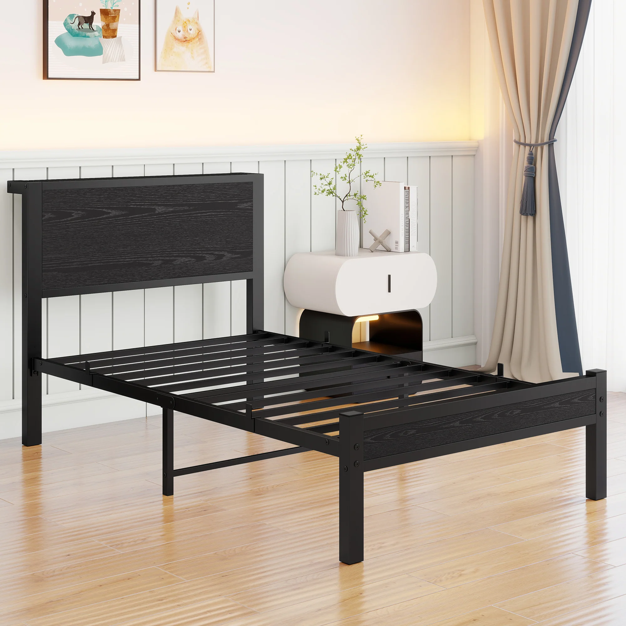 Single Metal Bed Frame 90x200cm, Storage Headboard, Noiseless Platform - Black - Image 5