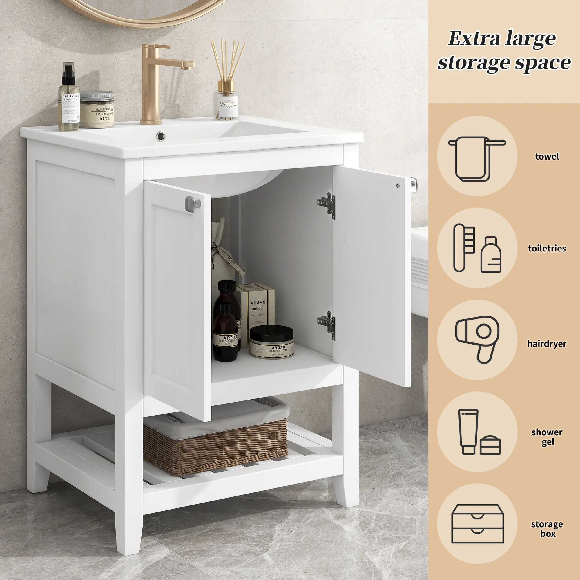 Single Vanity Unit 60cm Base Cabinet with Ceramic Washbasin White - Image 10