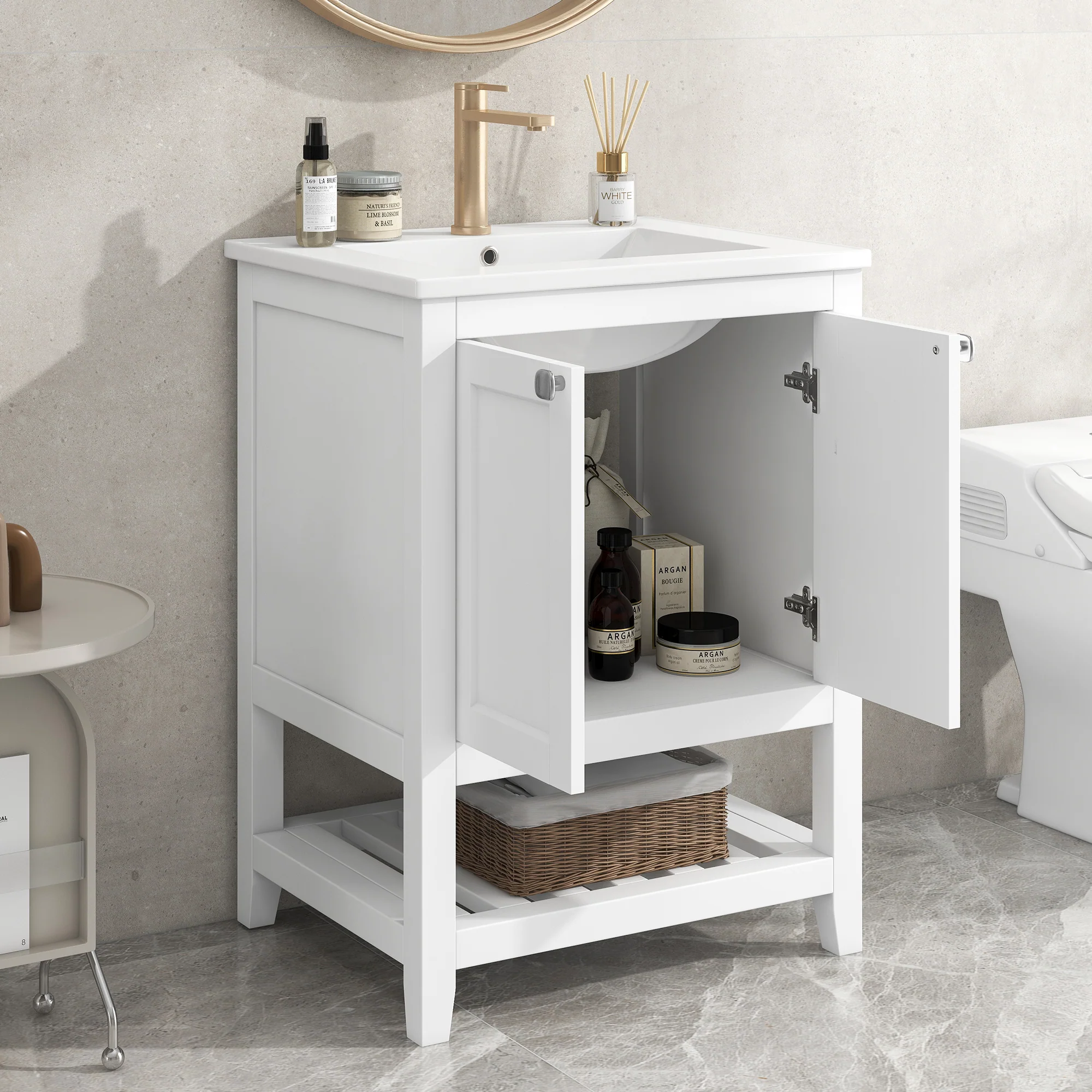 Single Vanity Unit 60cm Base Cabinet with Ceramic Washbasin White - Image 3