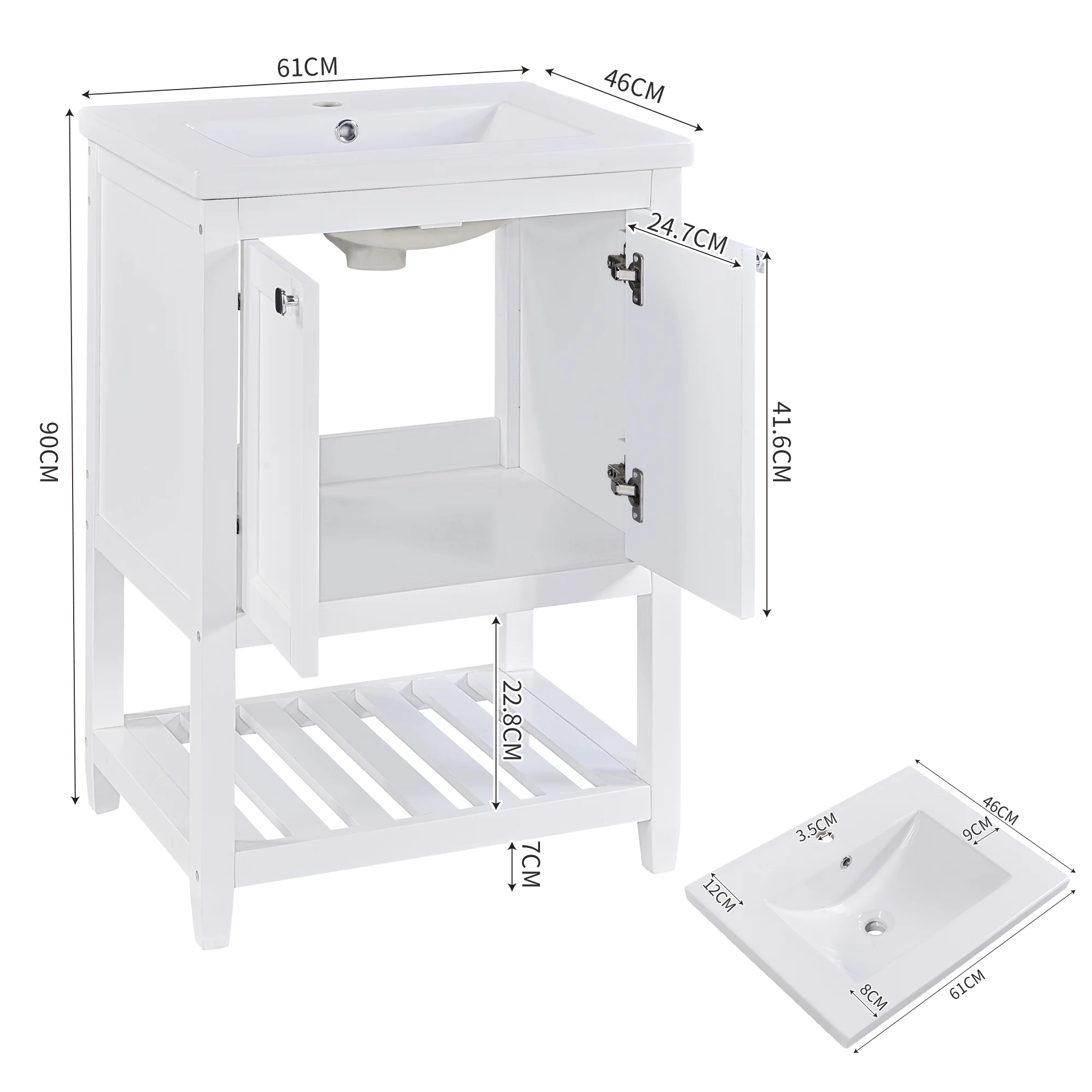 Single Vanity Unit 60cm Base Cabinet with Ceramic Washbasin White - Image 4