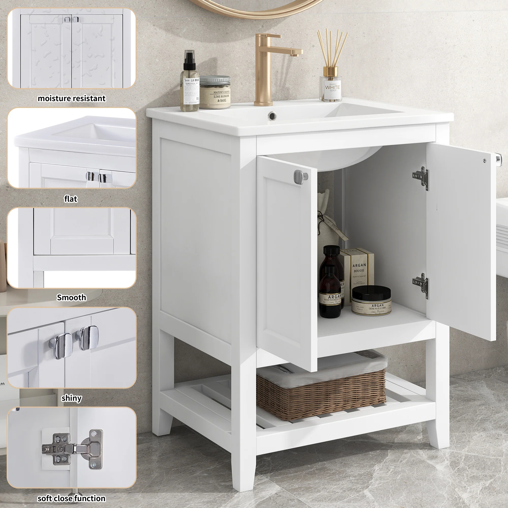 Single Vanity Unit 60cm Base Cabinet with Ceramic Washbasin White - Image 8