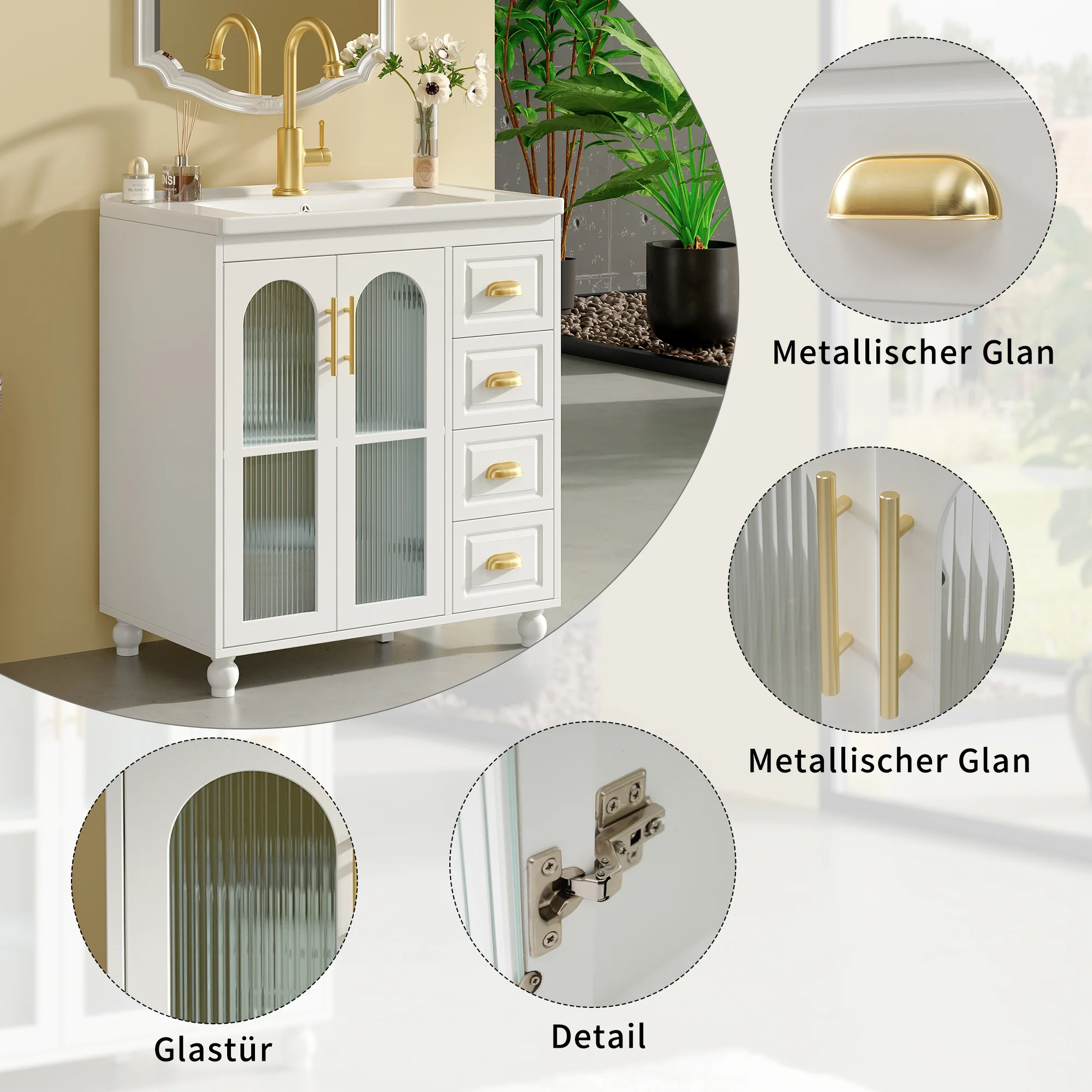Single Vanity Unit 80cm Base Cabinet Ceramic Washbasin White - Image 10