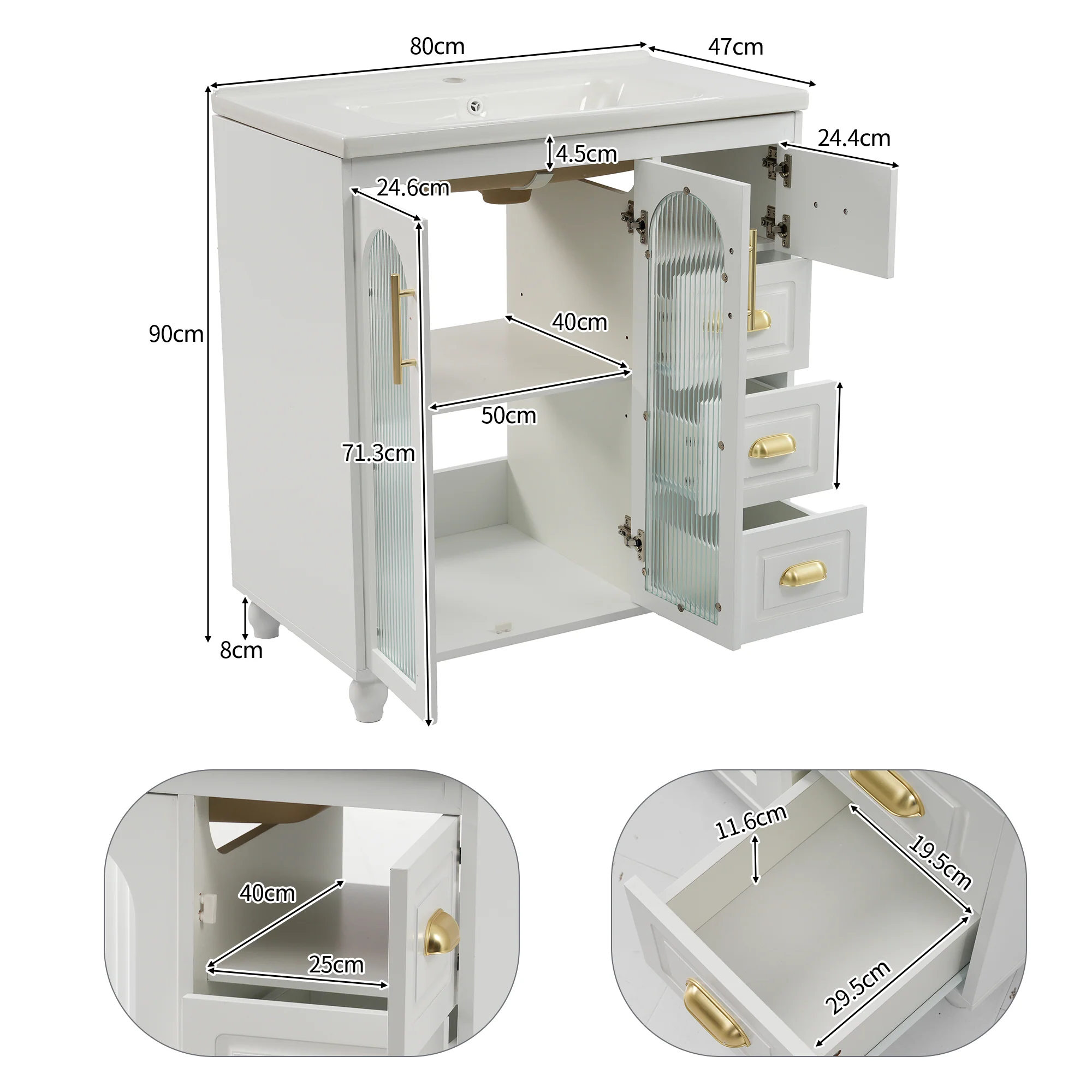 Single Vanity Unit 80cm Base Cabinet Ceramic Washbasin White - Image 2
