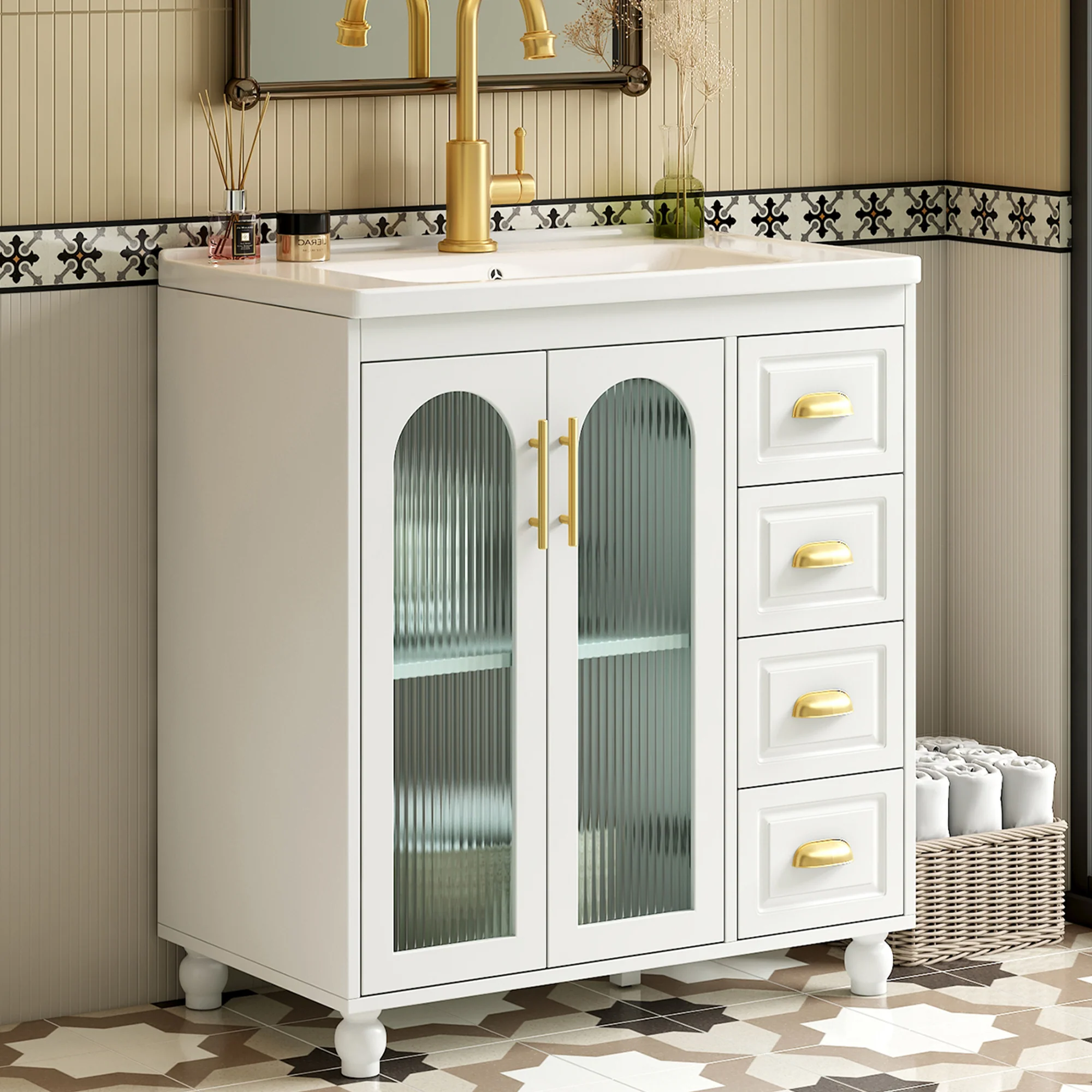 Single Vanity Unit 80cm Base Cabinet Ceramic Washbasin White - Image 3