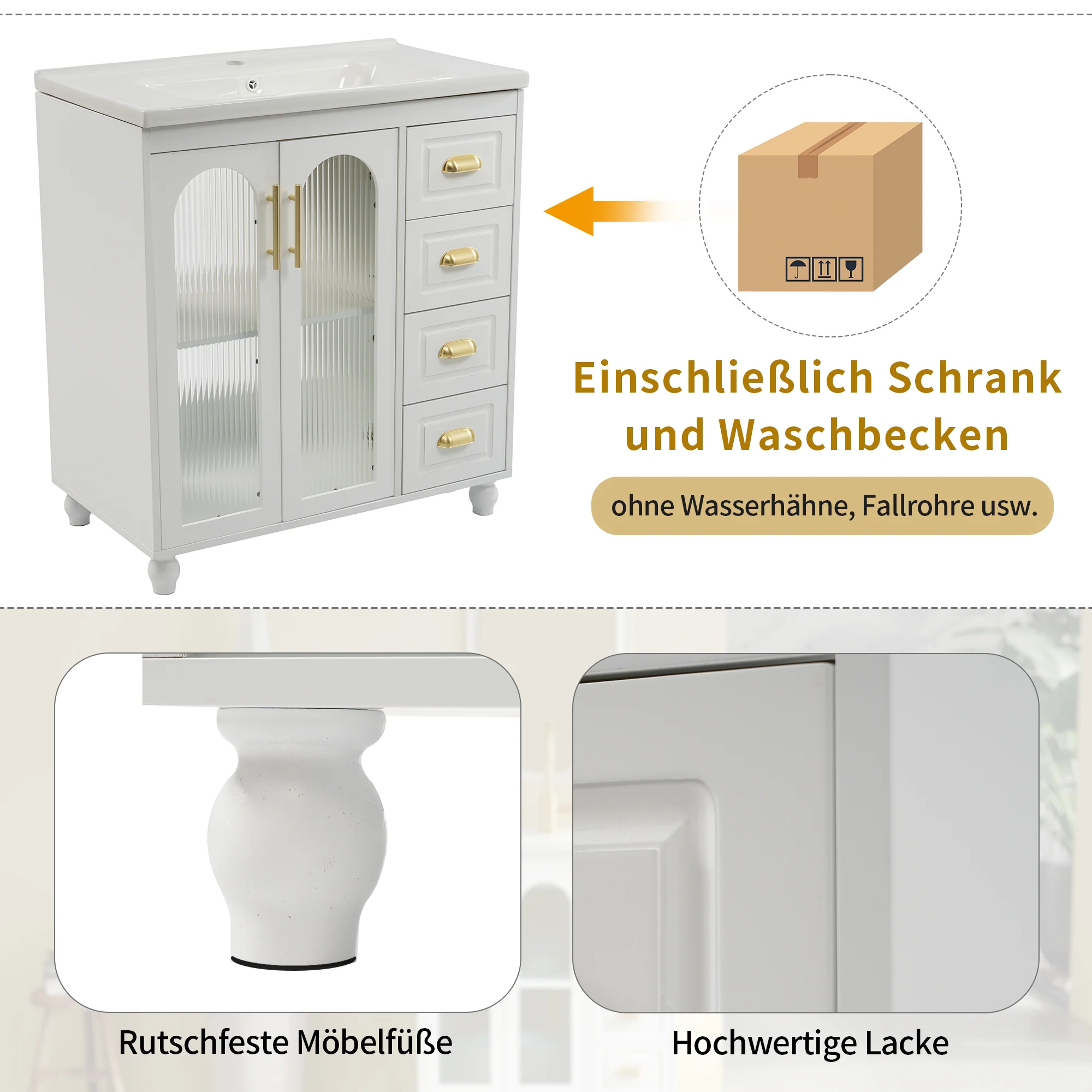 Single Vanity Unit 80cm Base Cabinet Ceramic Washbasin White - Image 5