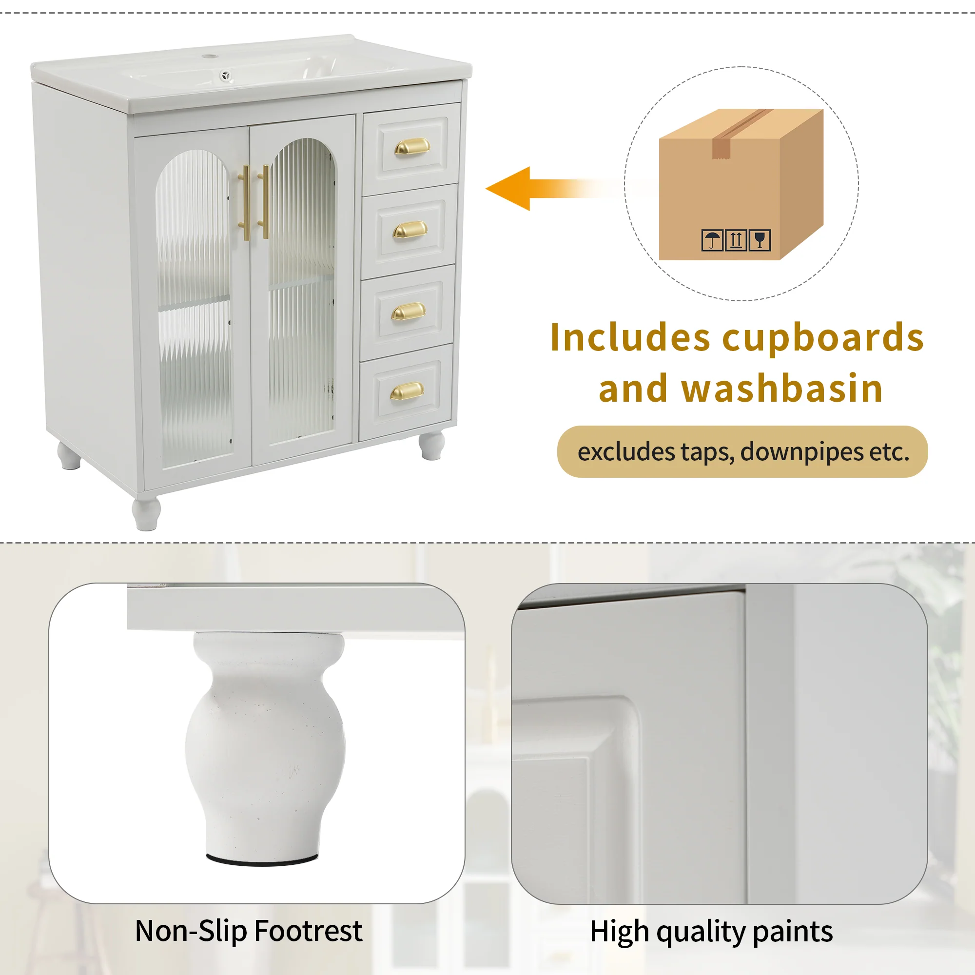 Single Vanity Unit 80cm Base Cabinet Ceramic Washbasin White - Image 6