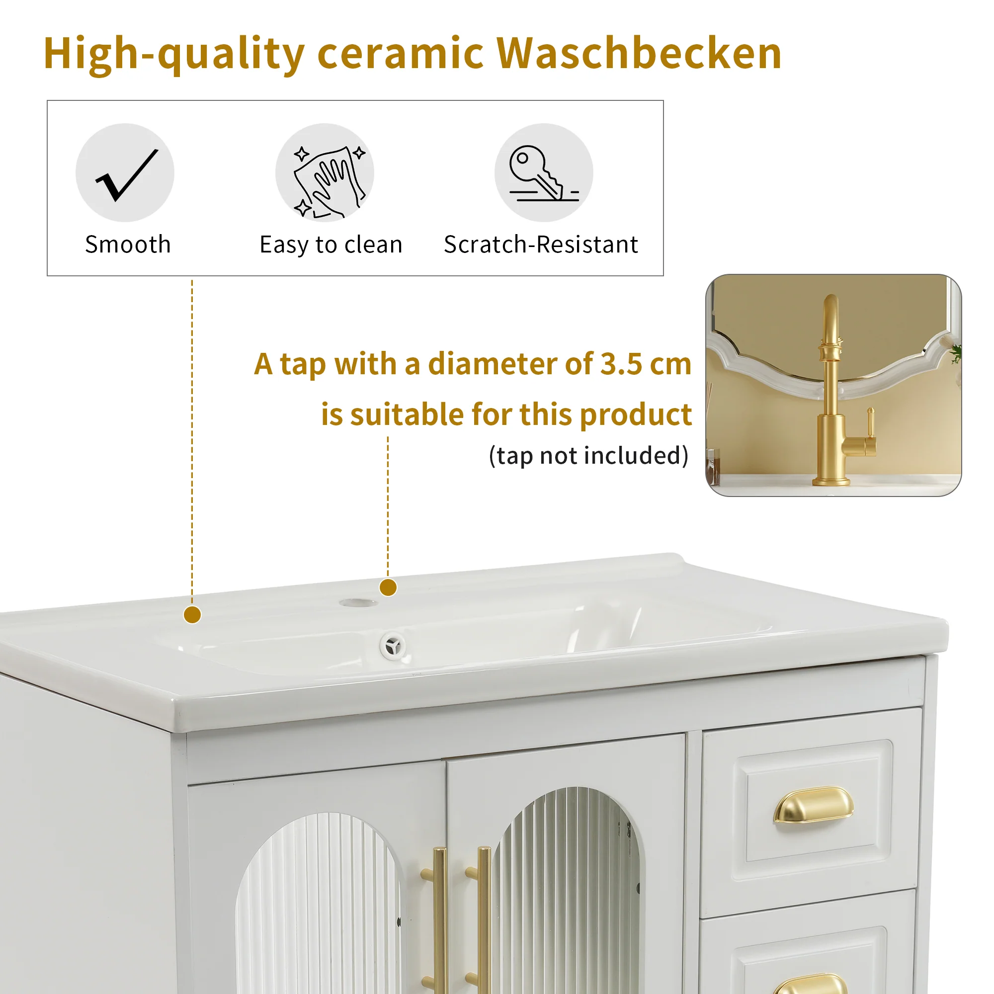 Single Vanity Unit 80cm Base Cabinet Ceramic Washbasin White - Image 8