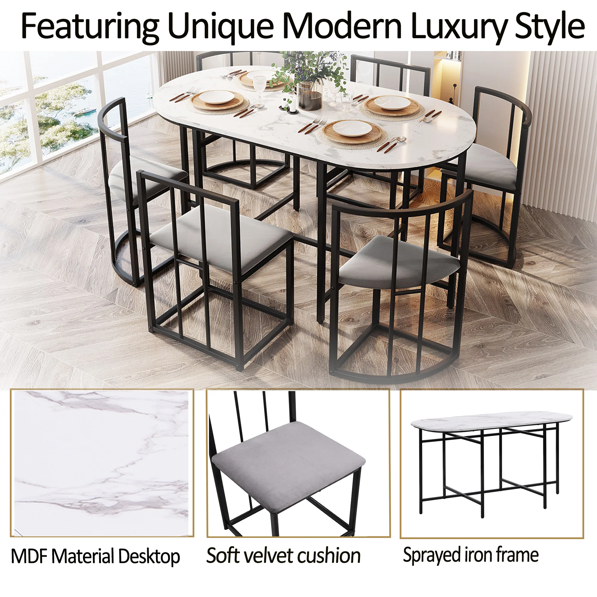 Six-Chair Dining Table Set - White Tabletop, Grey Cushions - Black Iron Frame - Image 10
