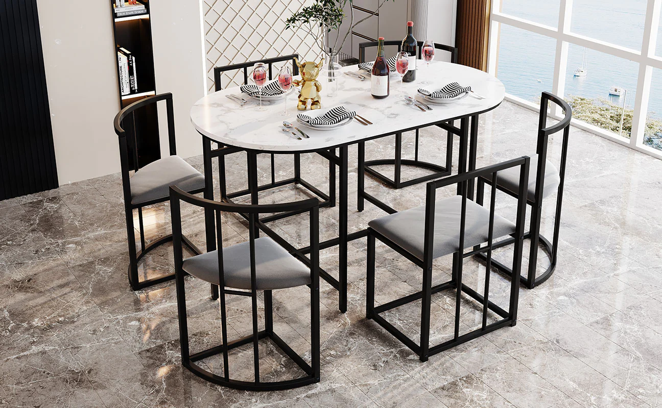 Six-Chair Dining Table Set - White Tabletop, Grey Cushions - Black Iron Frame - Image 4