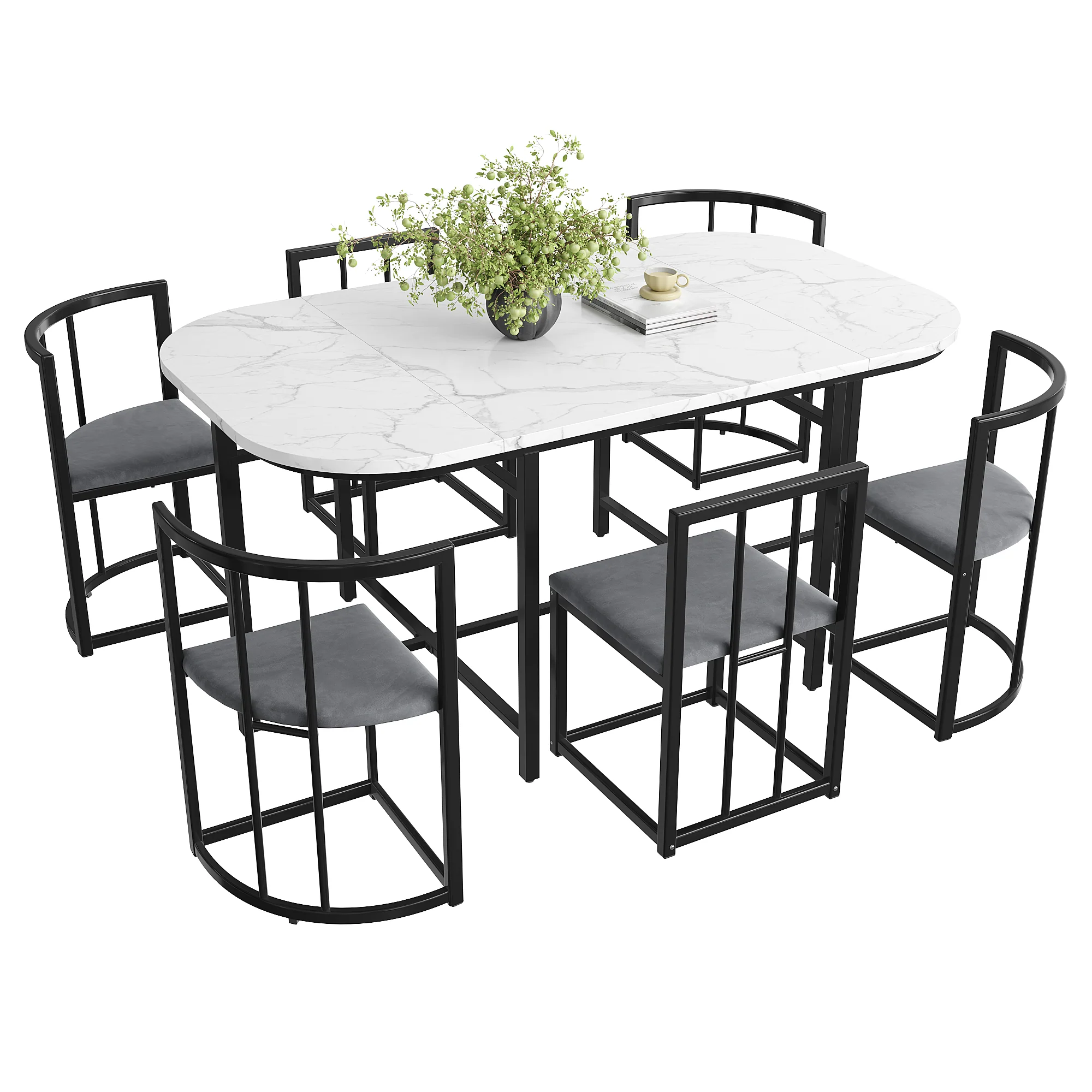 Six-Chair Dining Table Set - White Tabletop, Grey Cushions - Black Iron Frame - Image 5