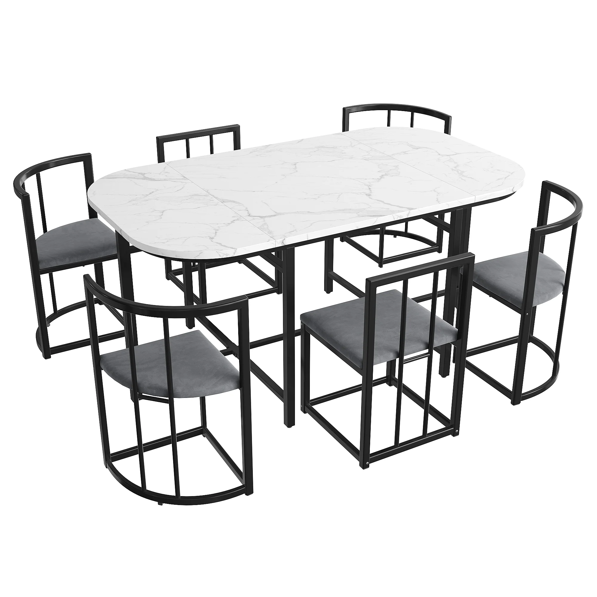 Six-Chair Dining Table Set - White Tabletop, Grey Cushions - Black Iron Frame - Image 6