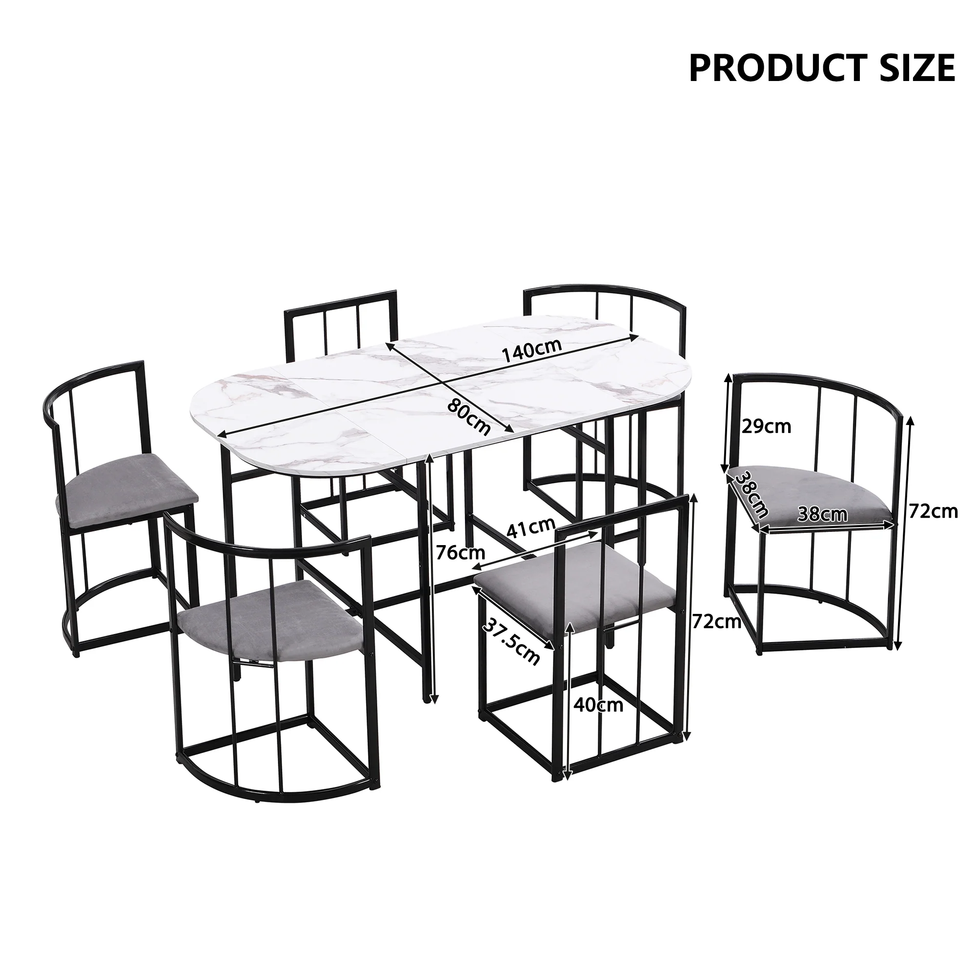 Six-Chair Dining Table Set - White Tabletop, Grey Cushions - Black Iron Frame - Image 8