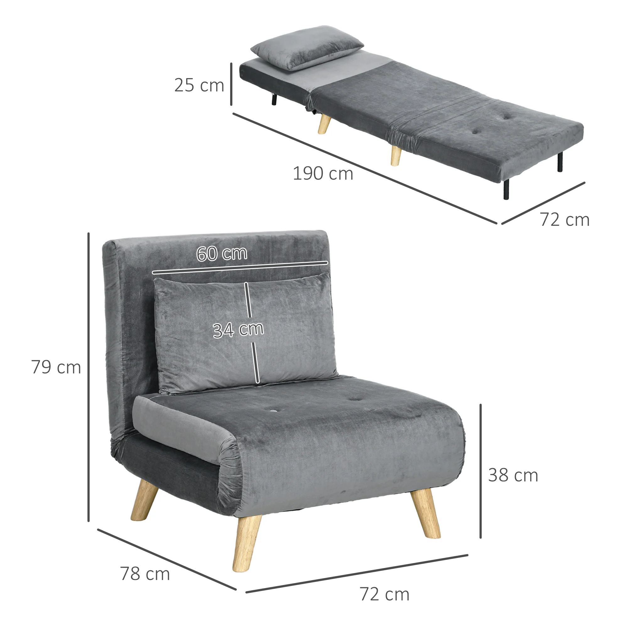 Sleeper Chair Folding Bed Adjustable Backrest - Velvet Grey - Image 3