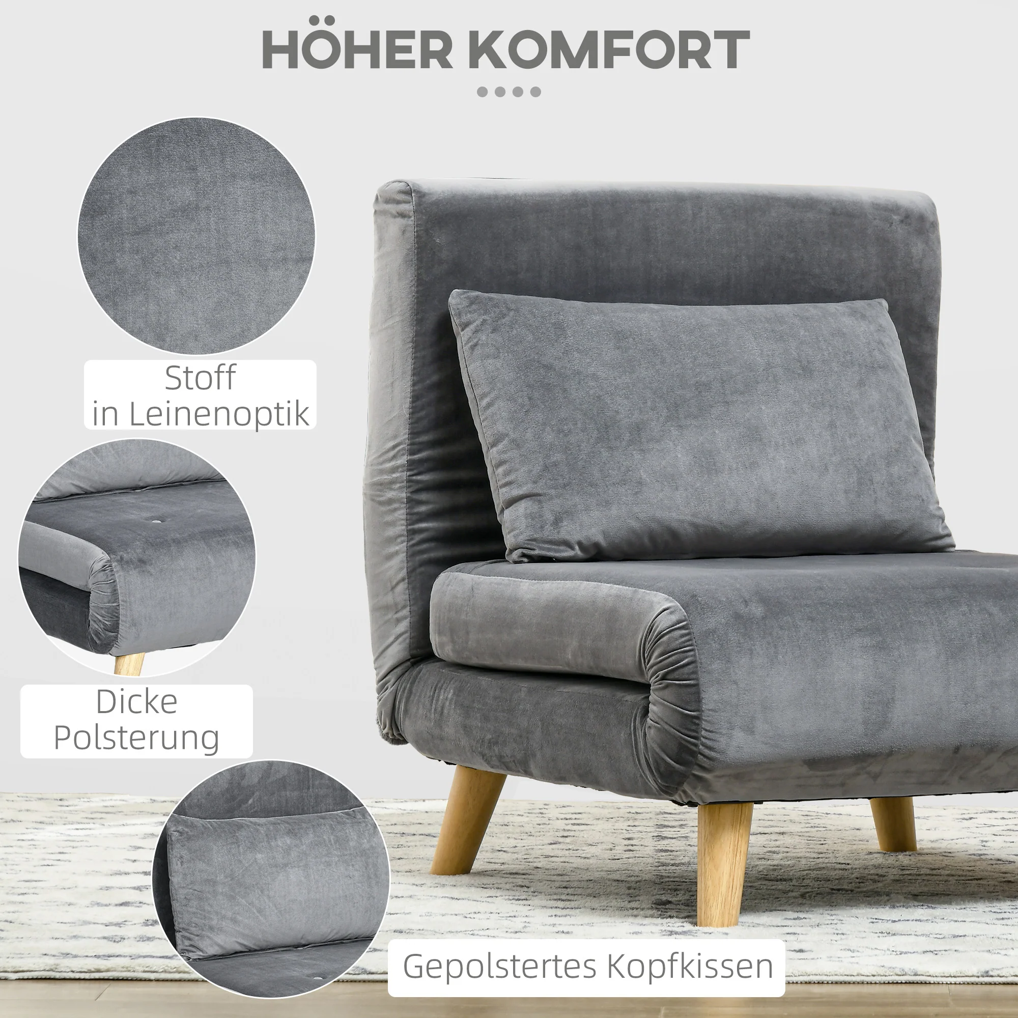 Sleeper Chair Folding Bed Adjustable Backrest - Velvet Grey - Image 4