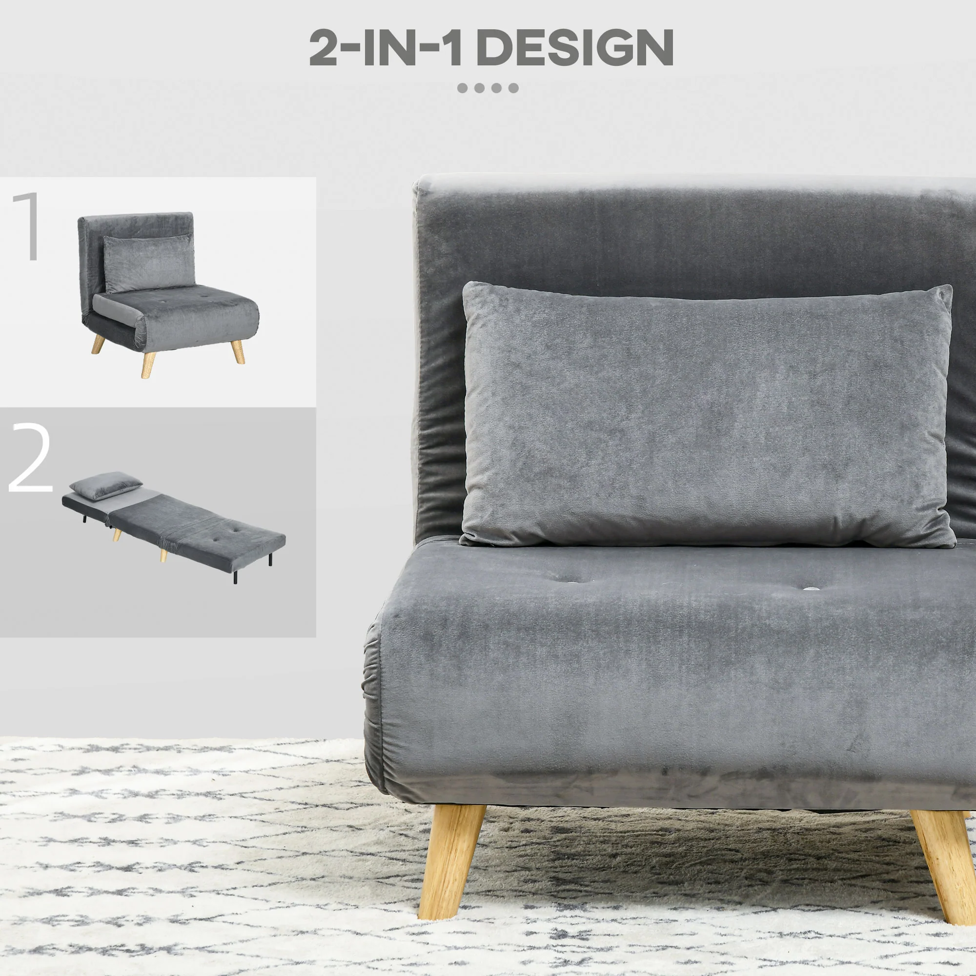 Sleeper Chair Folding Bed Adjustable Backrest - Velvet Grey - Image 6