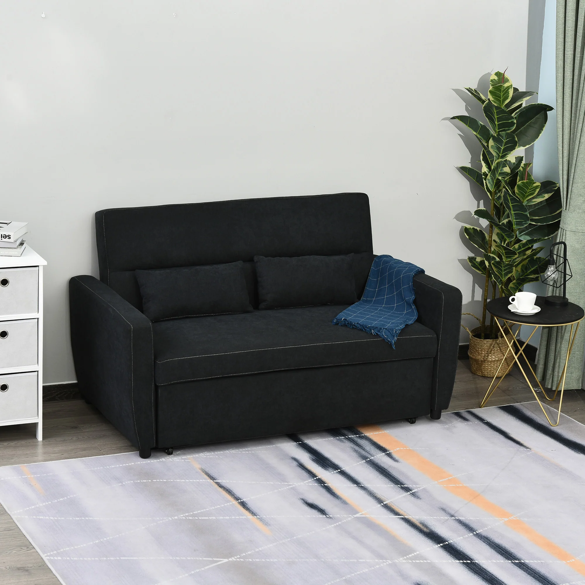 Sleeper Sofa, Convertible 2-Seater Adjustable Angle, Fabric Black - Image 2
