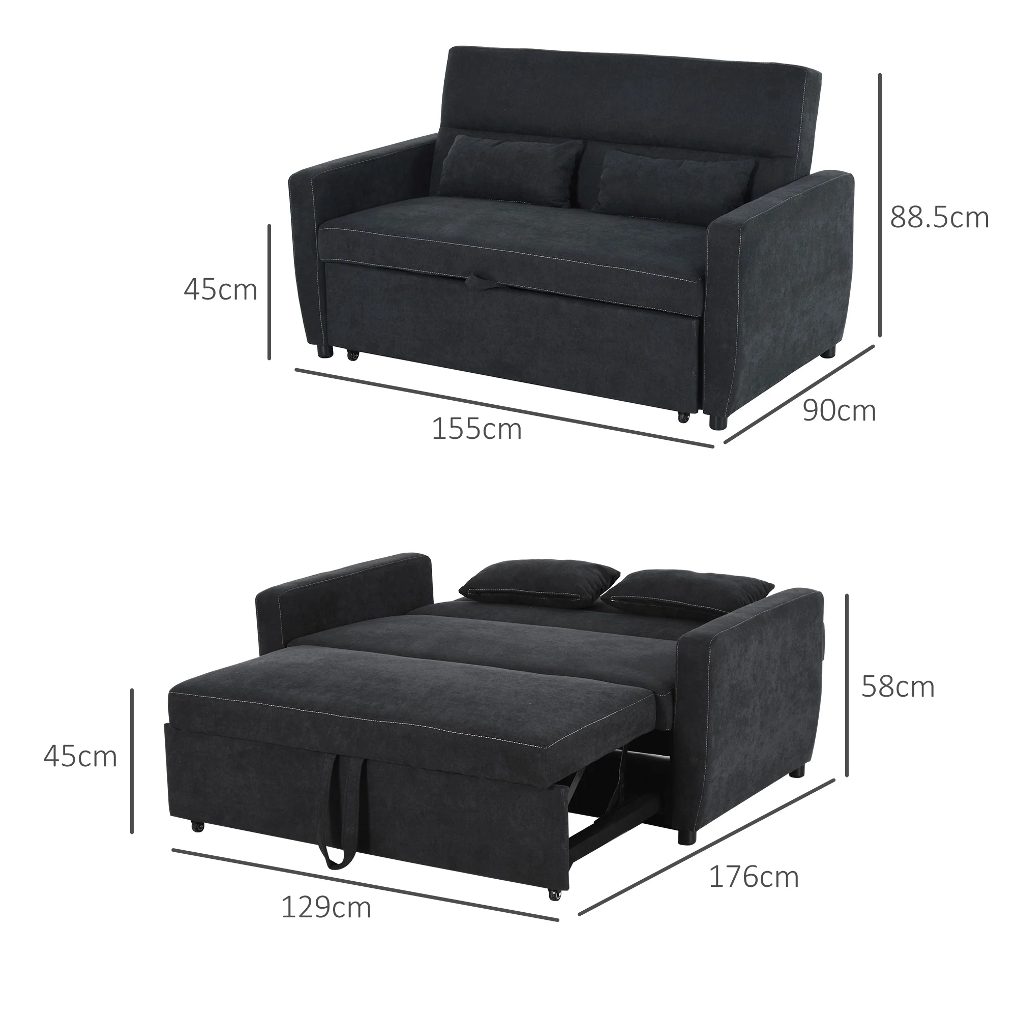Sleeper Sofa, Convertible 2-Seater Adjustable Angle, Fabric Black - Image 3