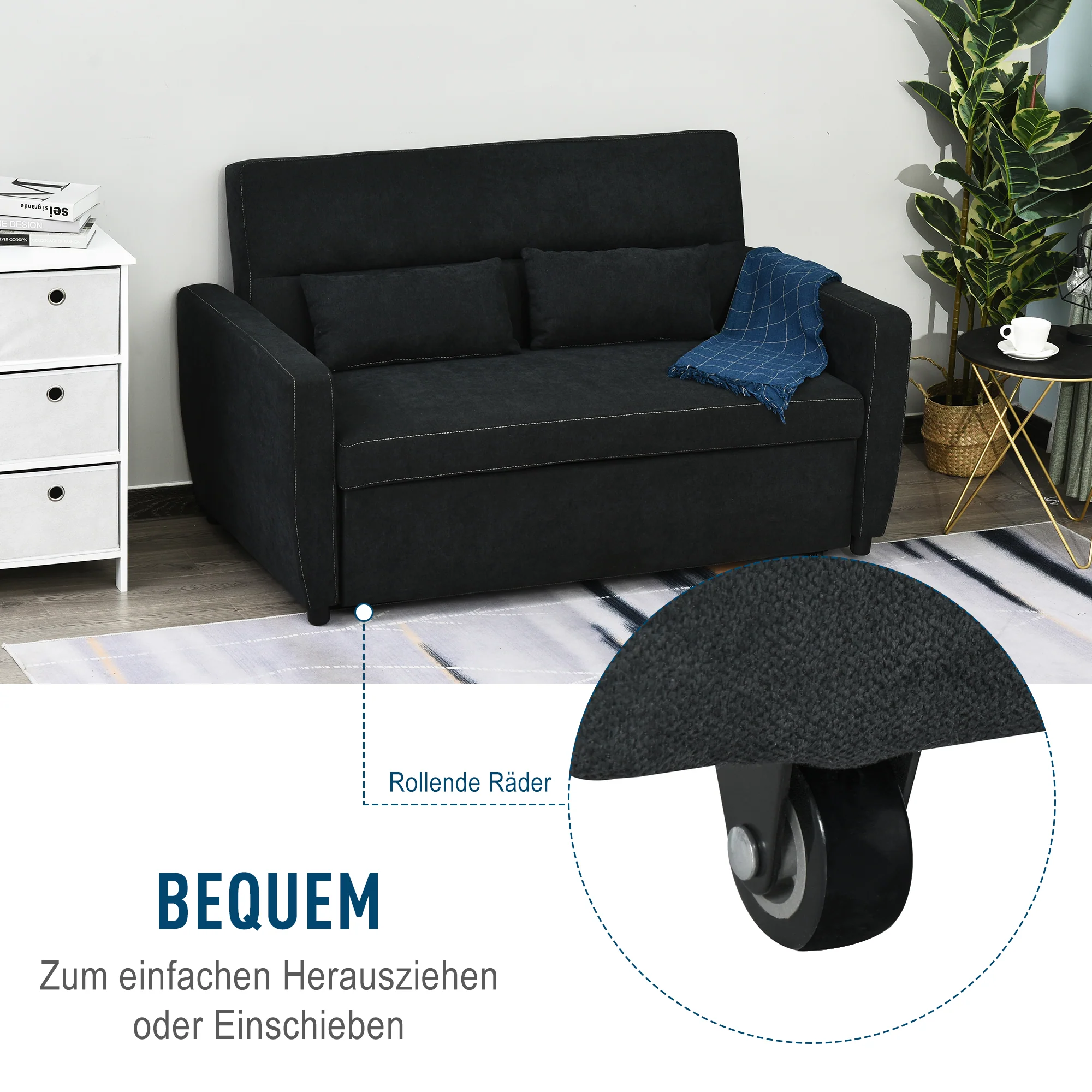 Sleeper Sofa, Convertible 2-Seater Adjustable Angle, Fabric Black - Image 4