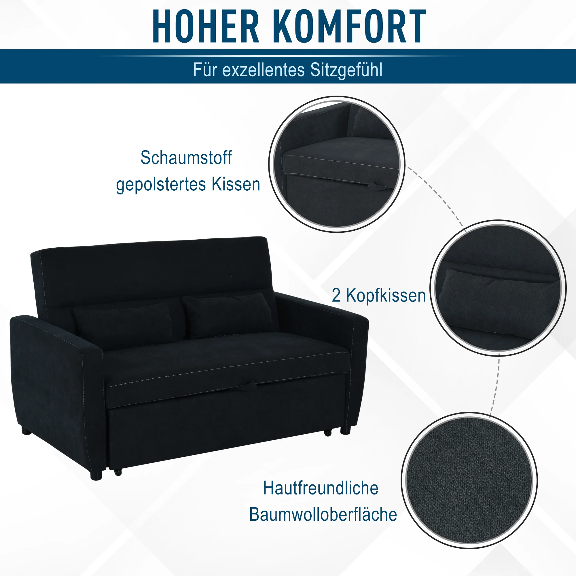 Sleeper Sofa, Convertible 2-Seater Adjustable Angle, Fabric Black - Image 5