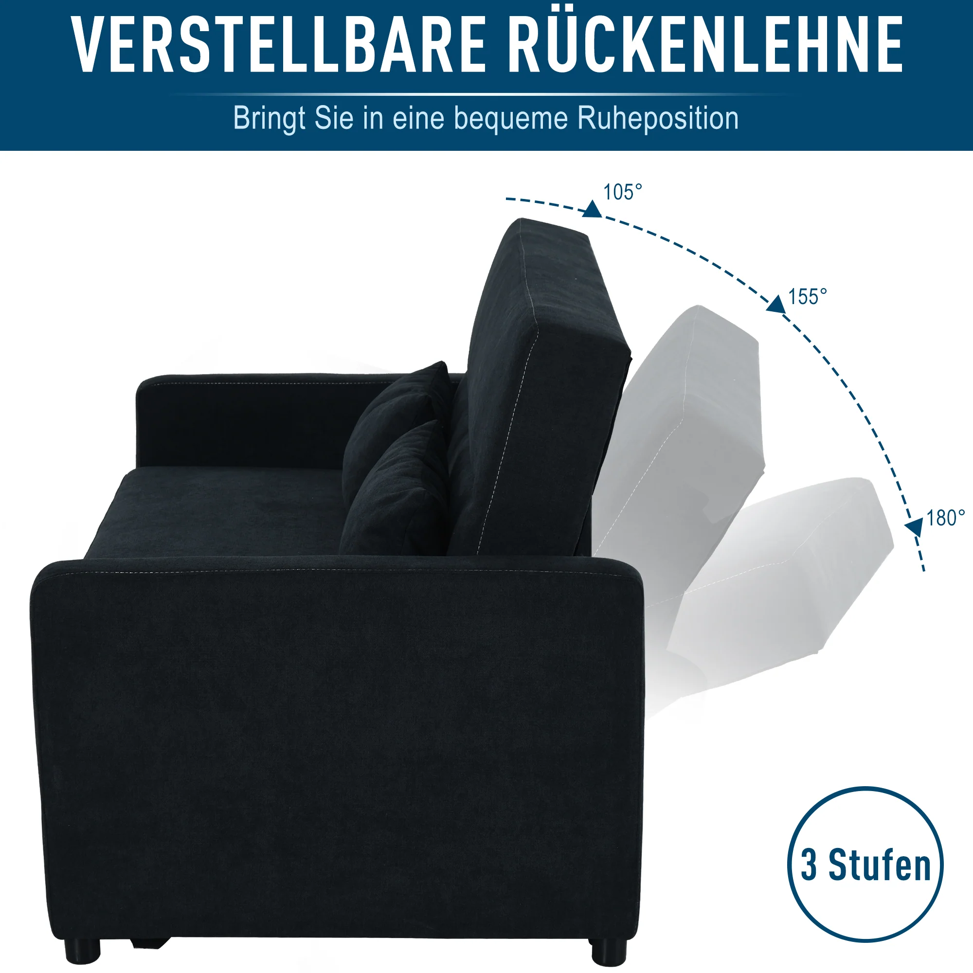 Sleeper Sofa, Convertible 2-Seater Adjustable Angle, Fabric Black - Image 6