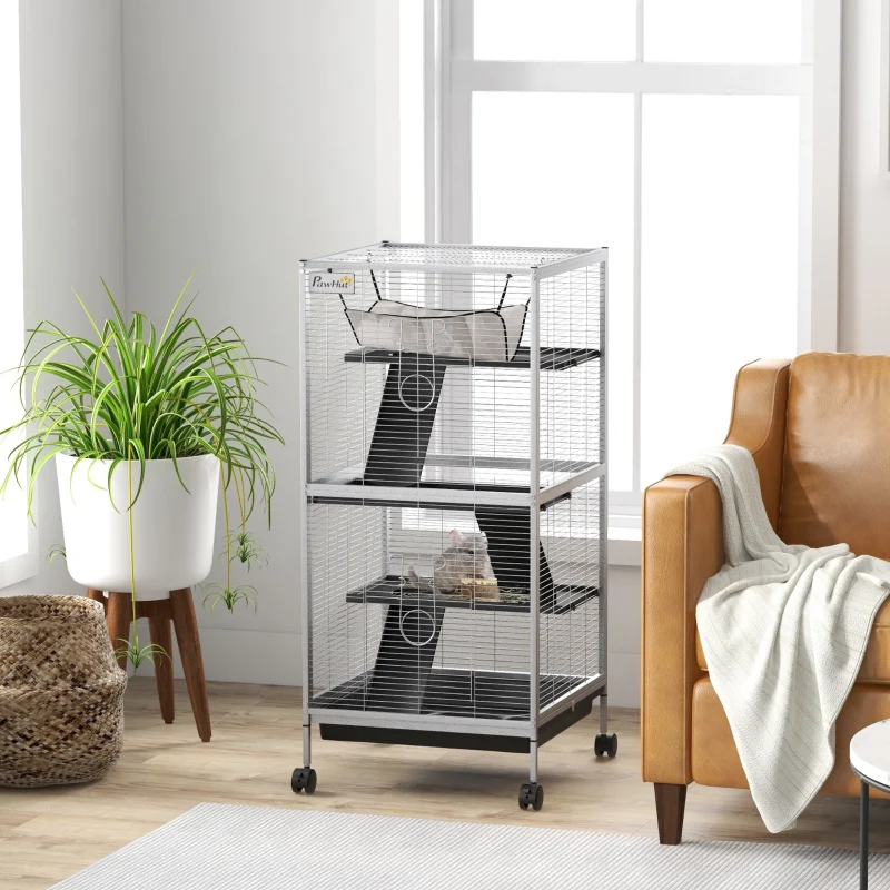 Small Animal Cage Pet Play House with Wheels, Platforms, Light Grey