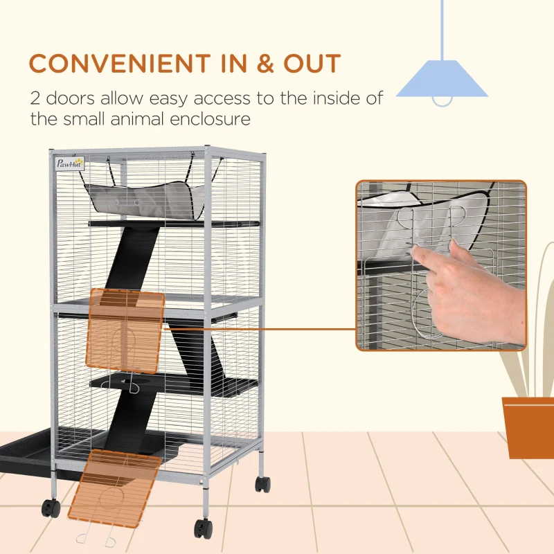 Small Animal Cage Pet Play House with Wheels, Platforms, Light Grey - Image 7