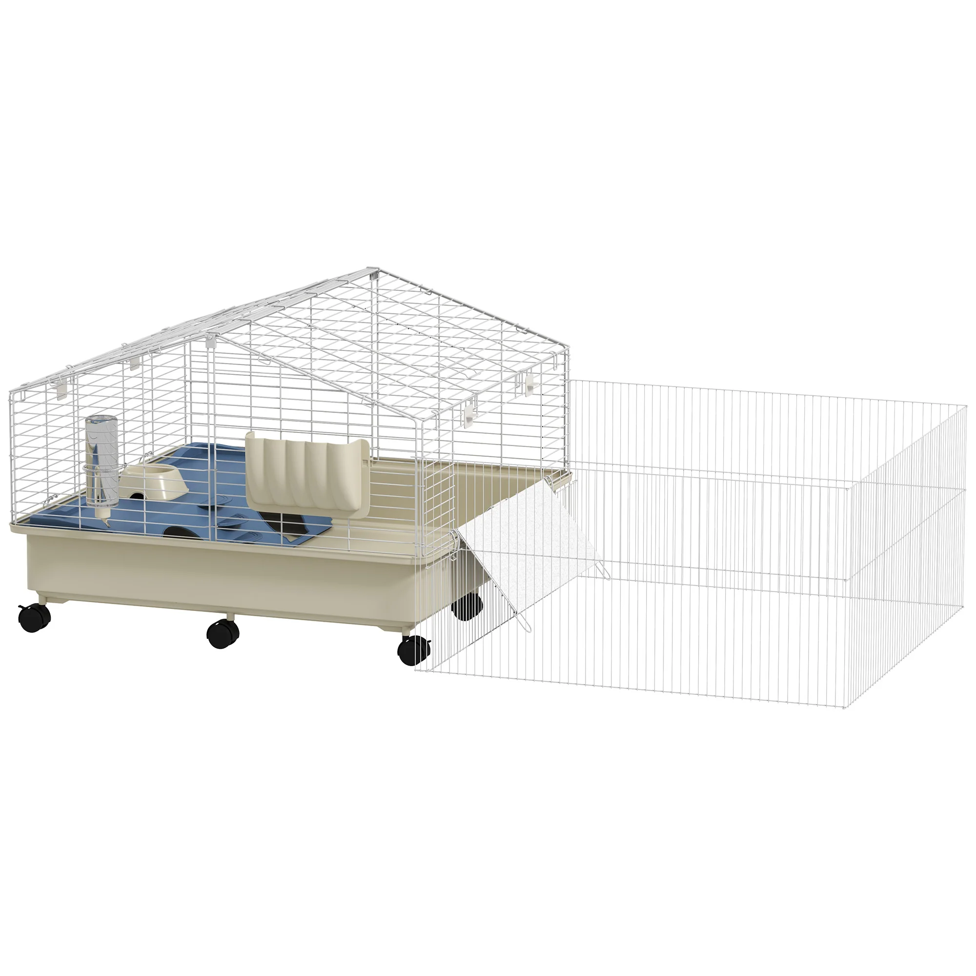 Small Animal Cage with Playpen, Rabbit Hutch and Wheels, White - Image 2