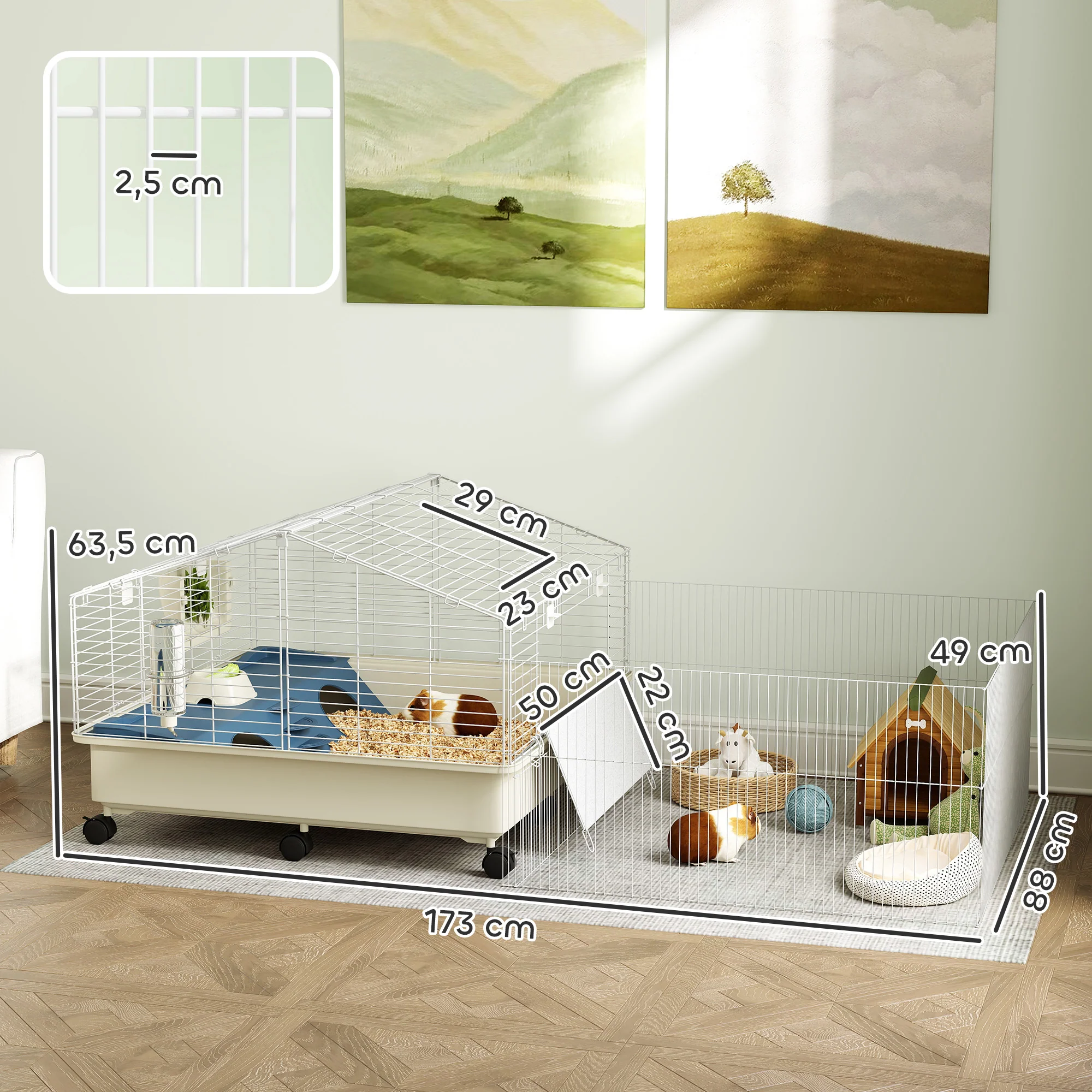Small Animal Cage with Playpen, Rabbit Hutch and Wheels, White - Image 3