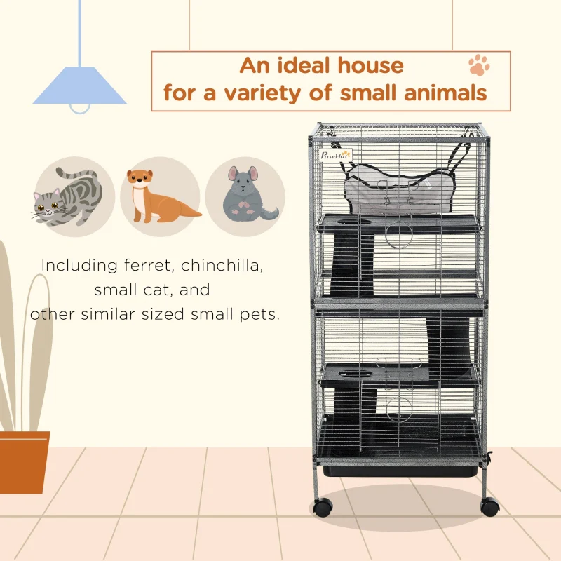 Small Animal Cage with Wheels, Hammock, 4 Platforms, Removable Tray, Silver - Image 3