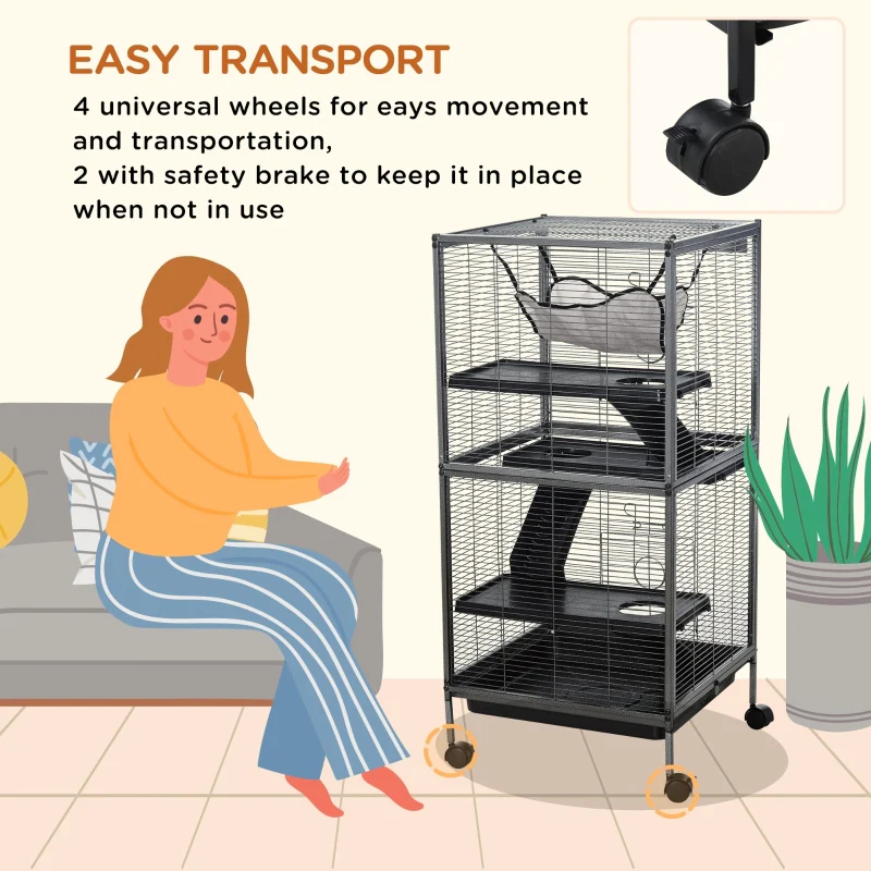Small Animal Cage with Wheels, Hammock, 4 Platforms, Removable Tray, Silver - Image 4