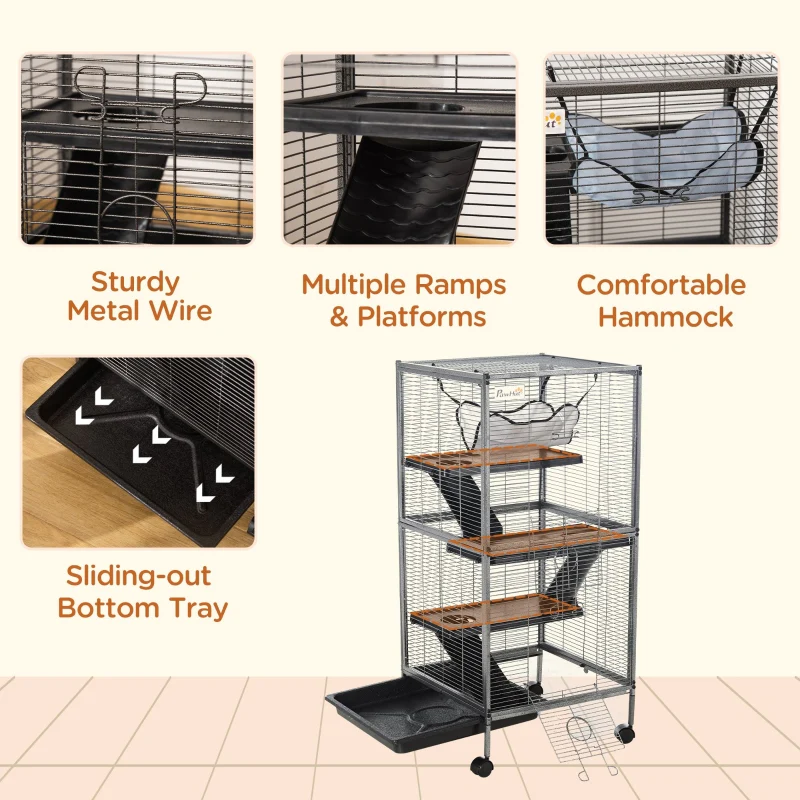 Small Animal Cage with Wheels, Hammock, 4 Platforms, Removable Tray, Silver - Image 5