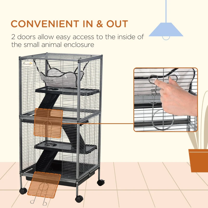 Small Animal Cage with Wheels, Hammock, 4 Platforms, Removable Tray, Silver - Image 6