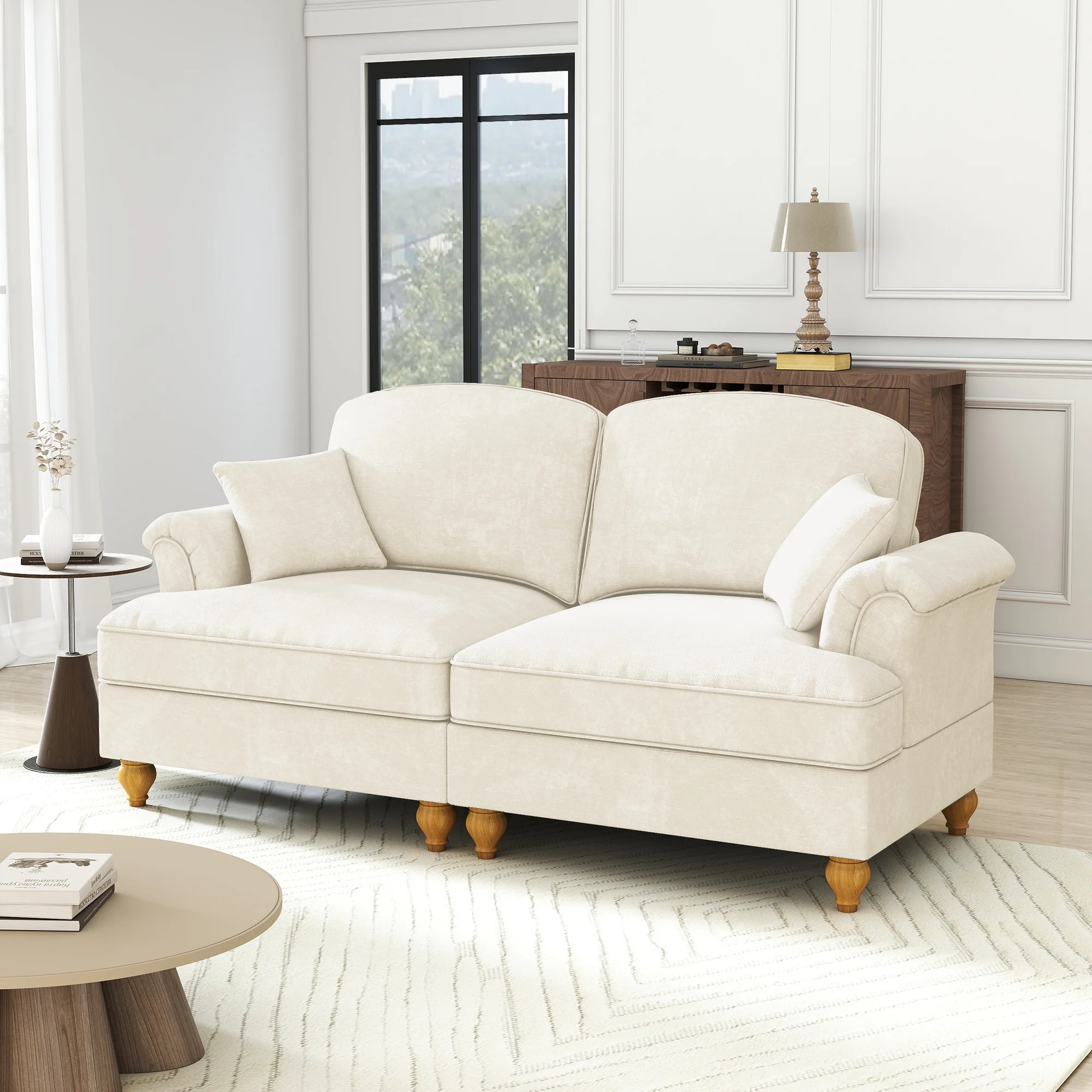 Sofa 2-Seater Mid-Century Modern Flared Arm Chenille - White