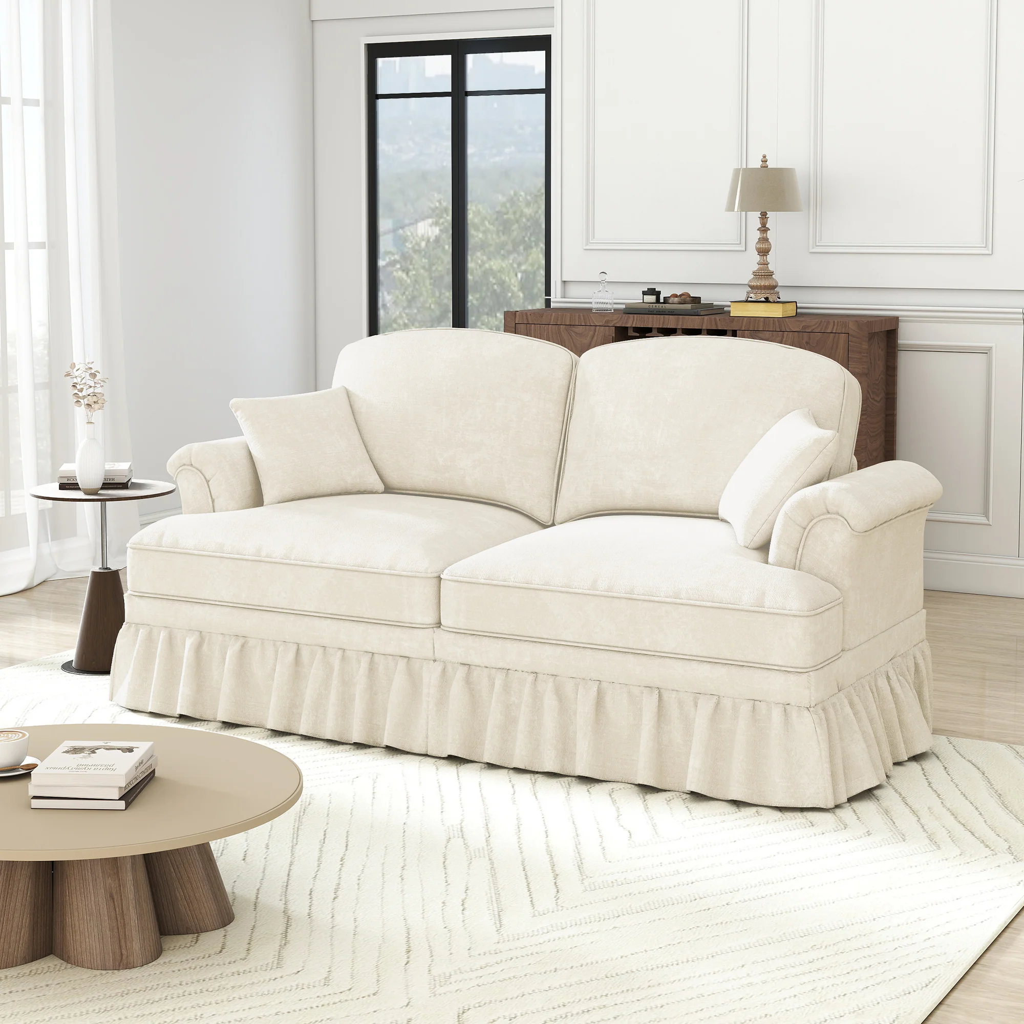 Sofa 2-Seater Mid-Century Modern Flared Arm Chenille - White - Image 2