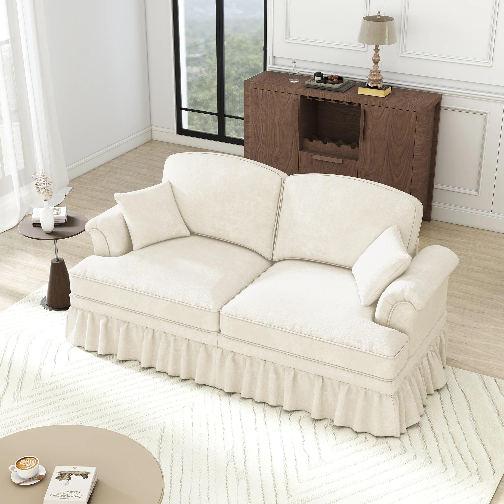 Sofa 2-Seater Mid-Century Modern Flared Arm Chenille - White - Image 6